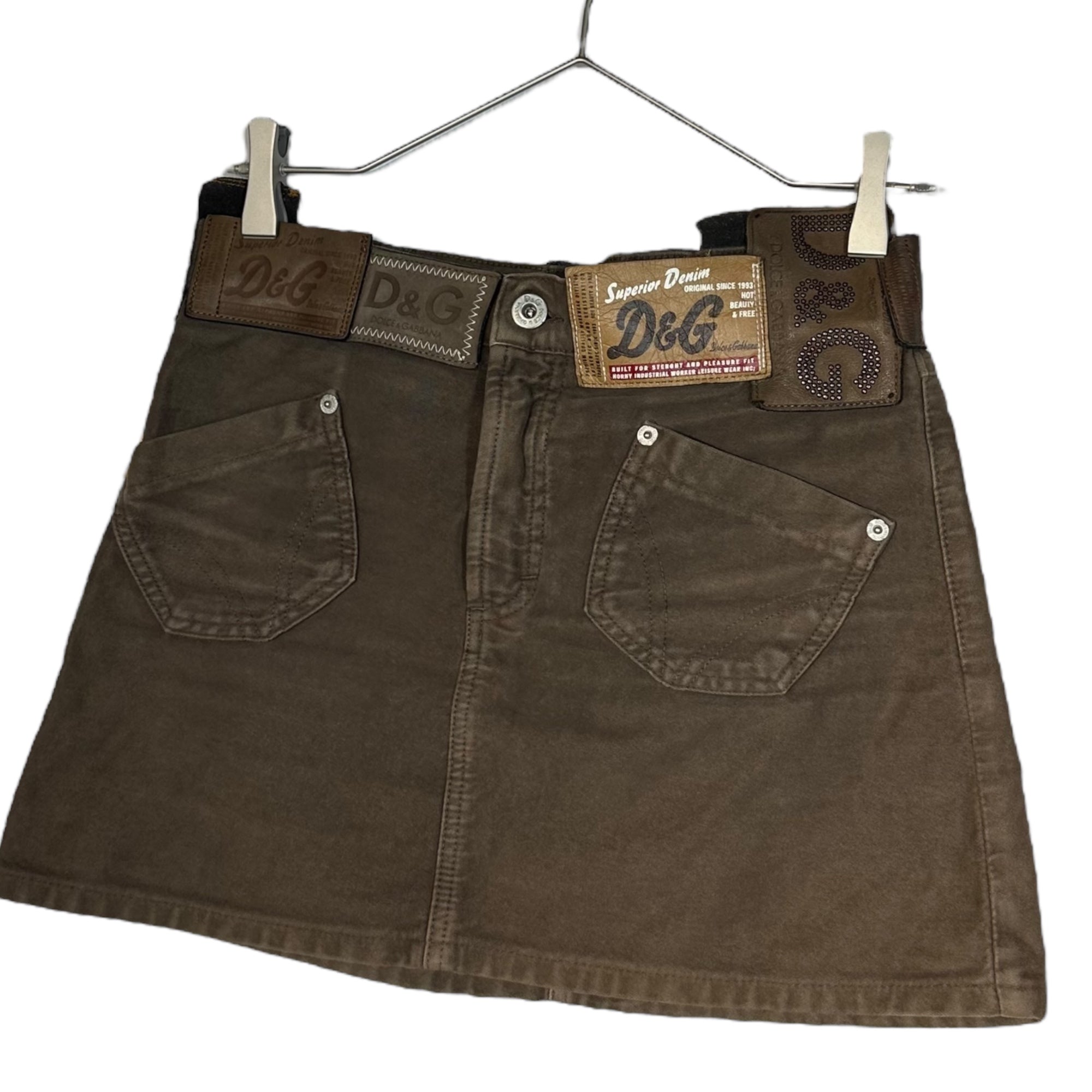 D&G(ディー&ジードルガバドルチェ&ガッバーナ) 00's Large quantity Patches Design Mini Skirt 00年代 多量 パッチ デザイン ミニ スカート 24 ブラウン