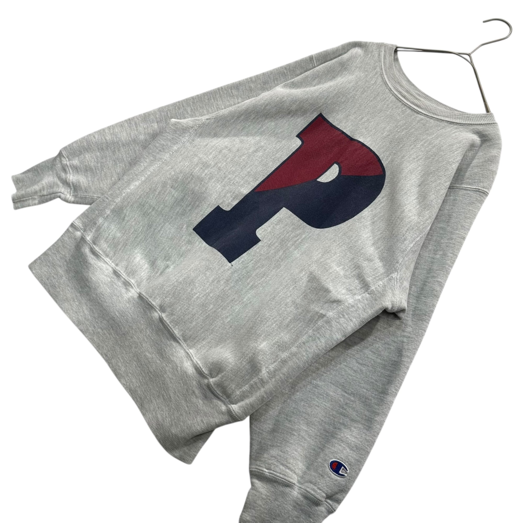 Champion(チャンピオン) 90's ”penn state university” Reverse Weave SWEATSHIRT ペンシルベニア州立大学 リバースウィーブ P プリント スウェット M ライトグレー 90年代 ヴィンテージ 染み込み