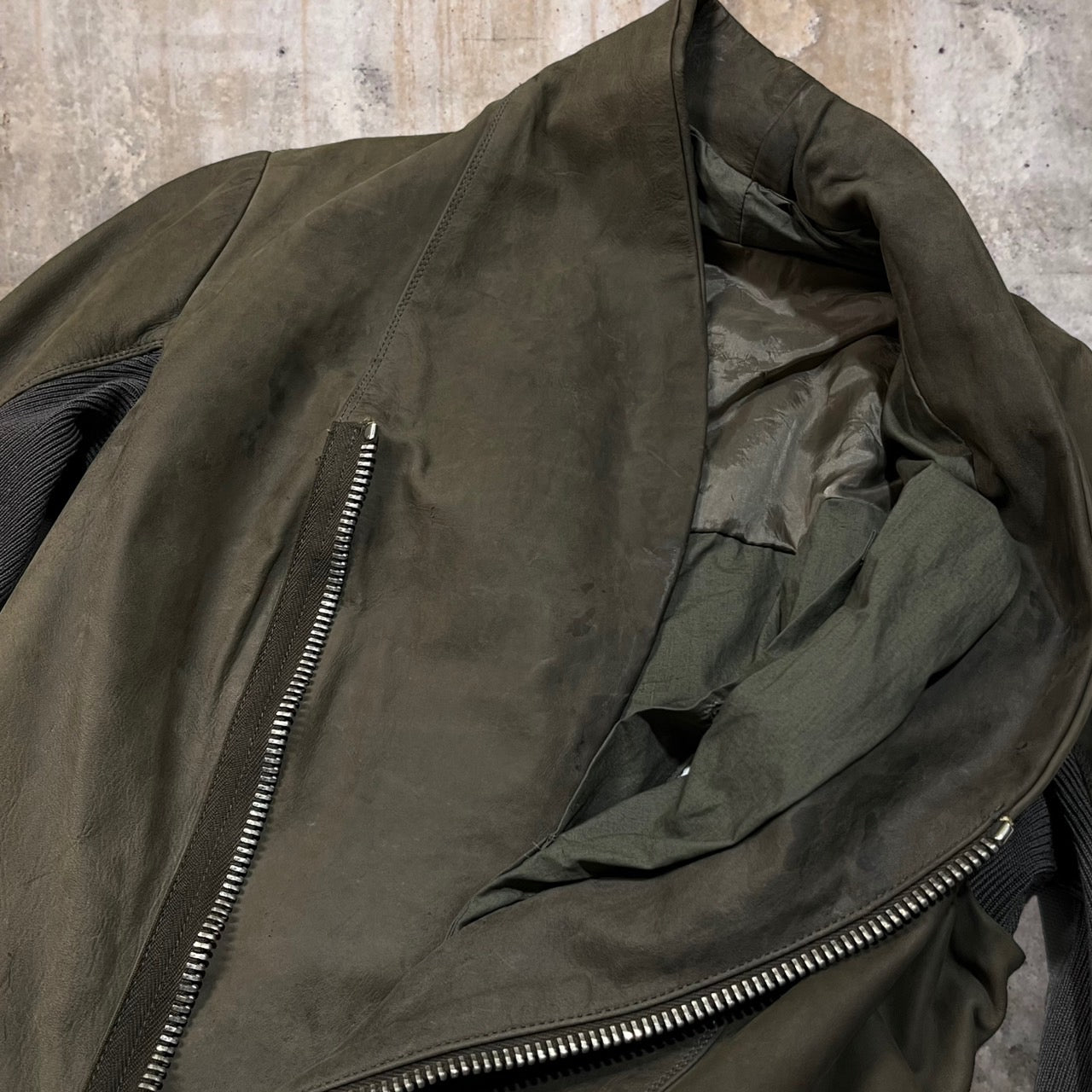 Rick Owens(リックオウエンス) rib knit leather jacket/リブニット切替スタンドカラーレザージャケット/ライダースジャケット RP9712/LT 40(Lサイズ程度) ブラウン