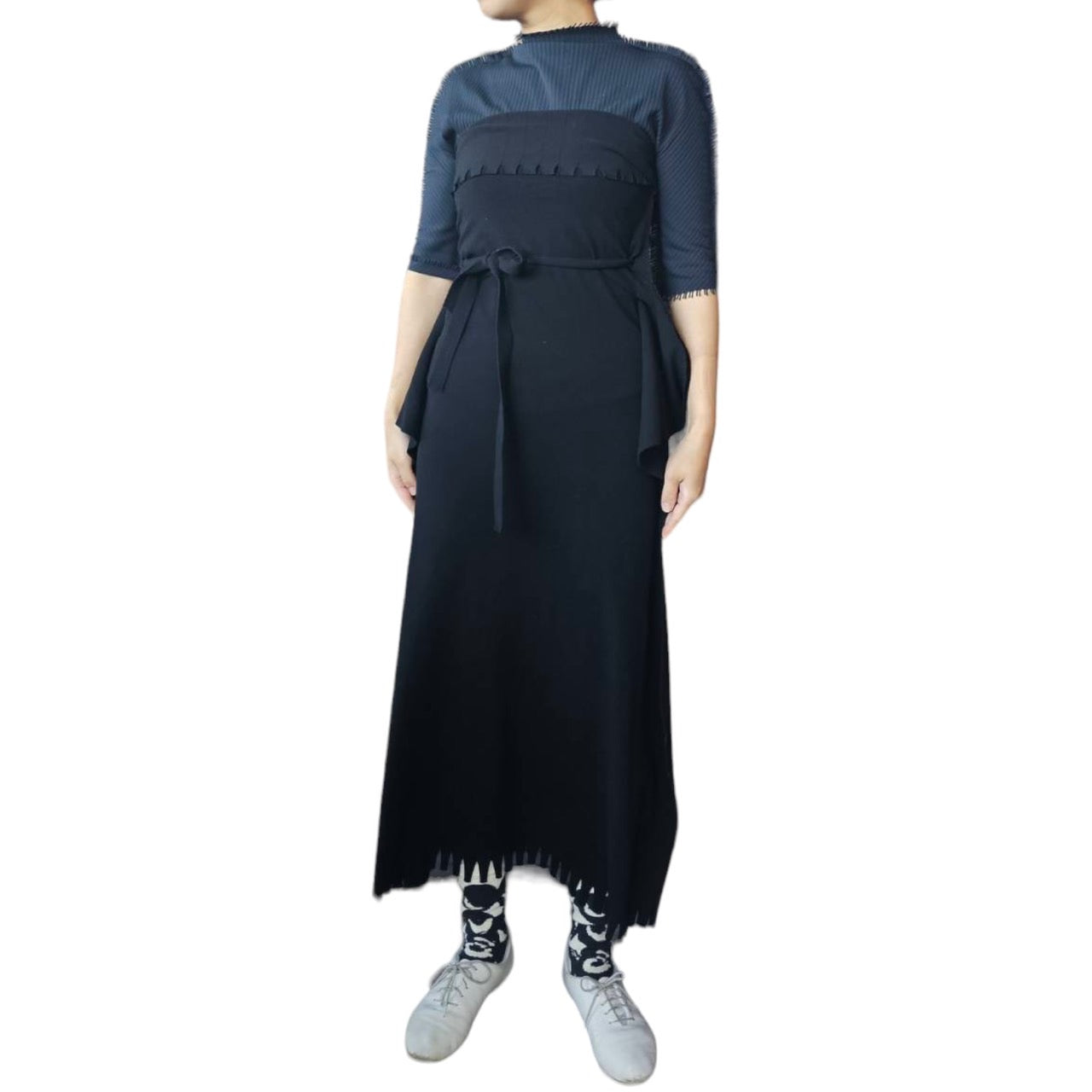 ISSEY MIYAKE FETEI(イッセイミヤケフェット) 07AW変形スリーブフリンジワンピース IF73KG534 2(Mサイズ) ブラック 平面パターン