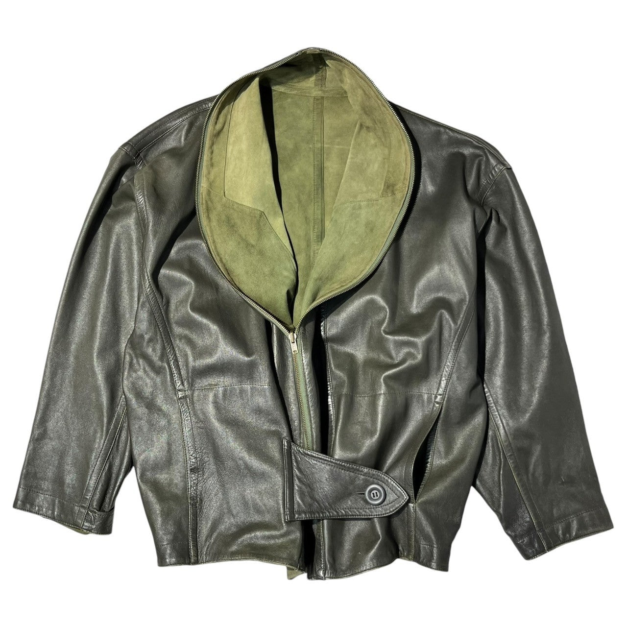 ISSEY MIYAKE(イッセイミヤケ) 80's Vintage Double layered leather jacket 80年代 ヴィンテージ 二重羽織 レザージャケット JQ33017 M ブラック×カーキ 筆タグ 稀少品 アーカイヴ