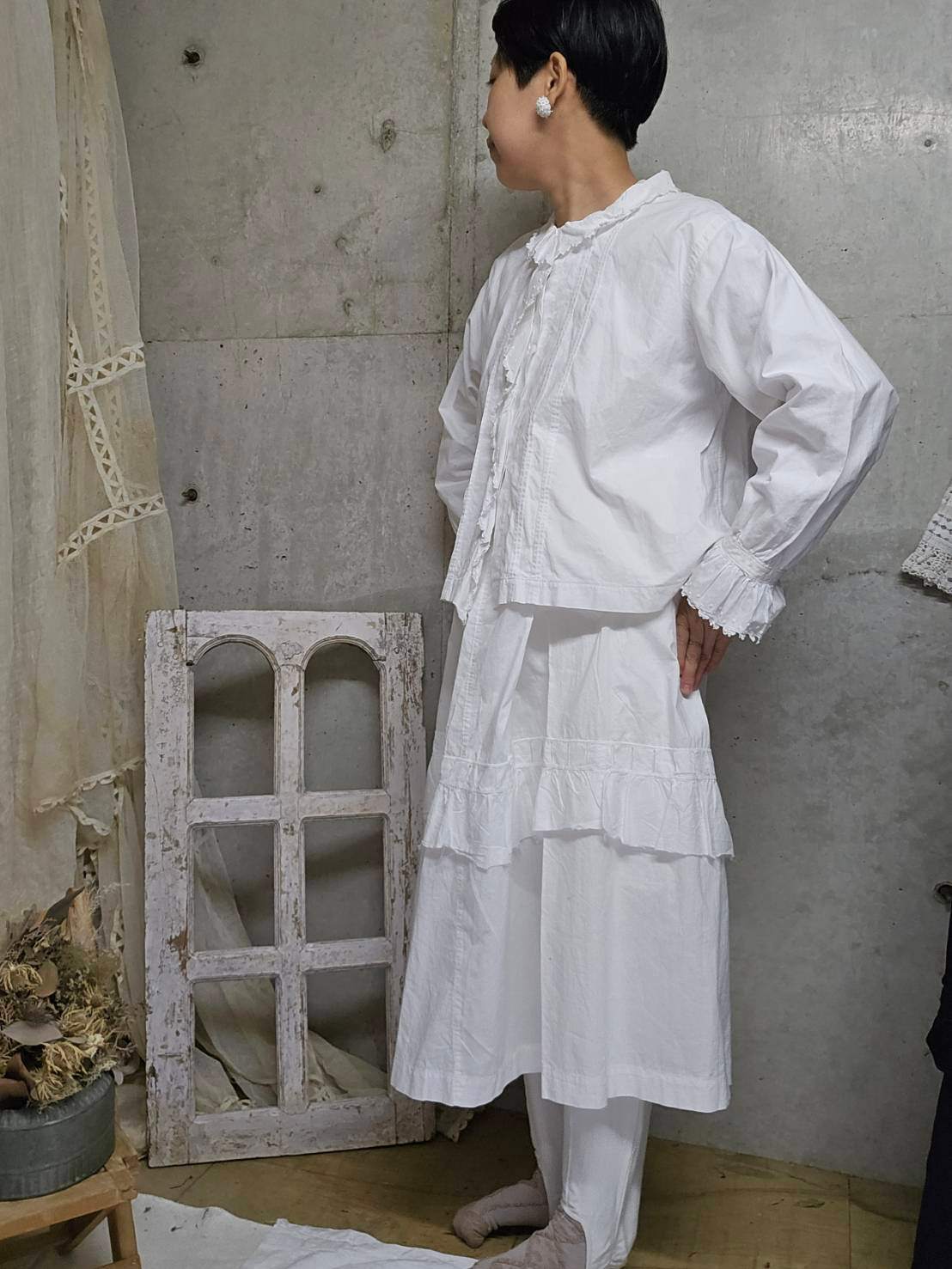 Euro Vintage(ヨーロッパヴィンテージ) Grain_20's ~french cotton clooney lace gathered blouse/フレンチコットン刺繍ギャザーブラウス 表記なし(Lサイズ程度) ホワイト