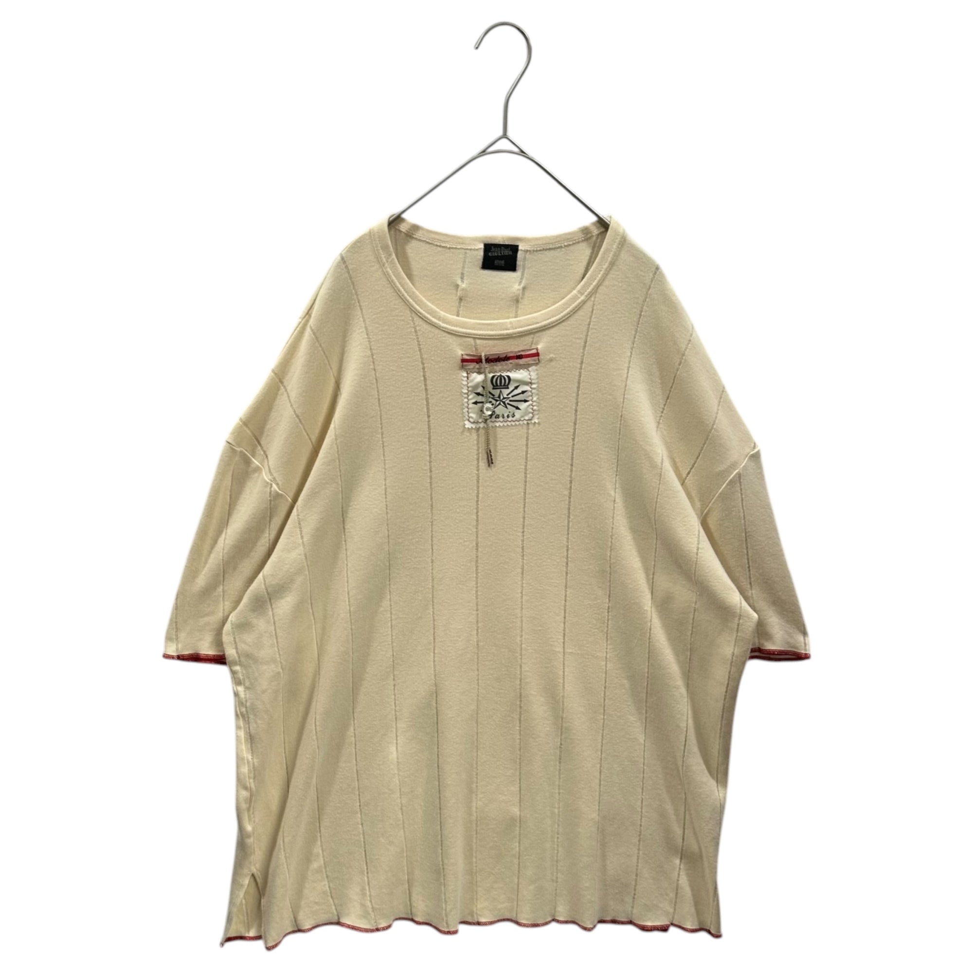 Jean Paul GAULTIER HOMME(ジャンポールゴルチエオム) 90's Front Design Stripe Weave Red Stitch Archive T-Shirt 90年代 フロント デザイン ストライプ 織り レッドステッチ アーカイブ Tシャツ 560-5.CTH.JG. 48(M~L) ベージュ×レッド ヴィンテージ