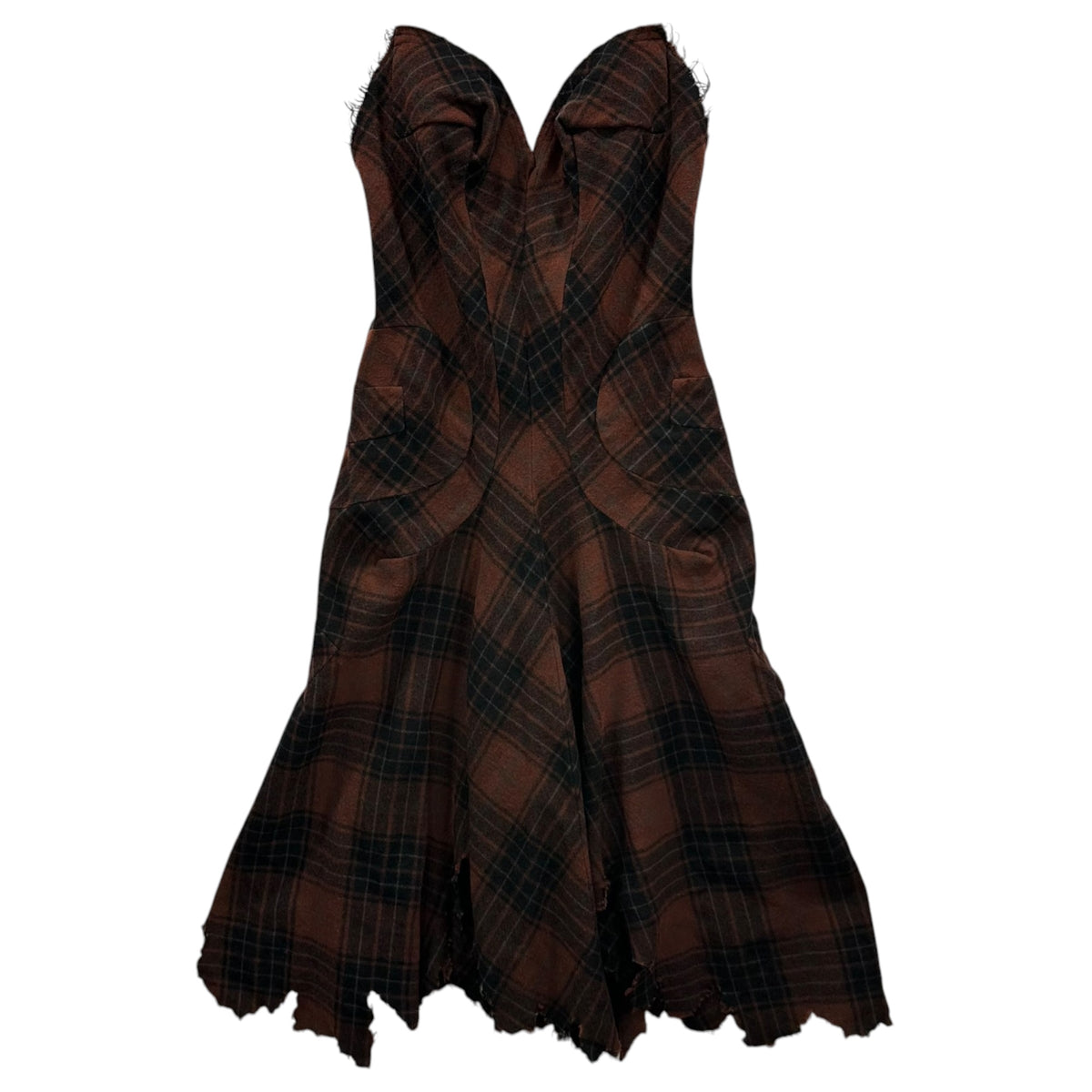 JUNYA WATANABE COMME des GARCONS(ジュンヤワタナベコムデギャルソン) 2002AW Raw-Edge Checkered Wool Camisole Dress 切りっ放し チェック ウール キャミソール ワンピース JG-O032 S ブラウン×ブラック AD2002 00s アーカイブ レザー