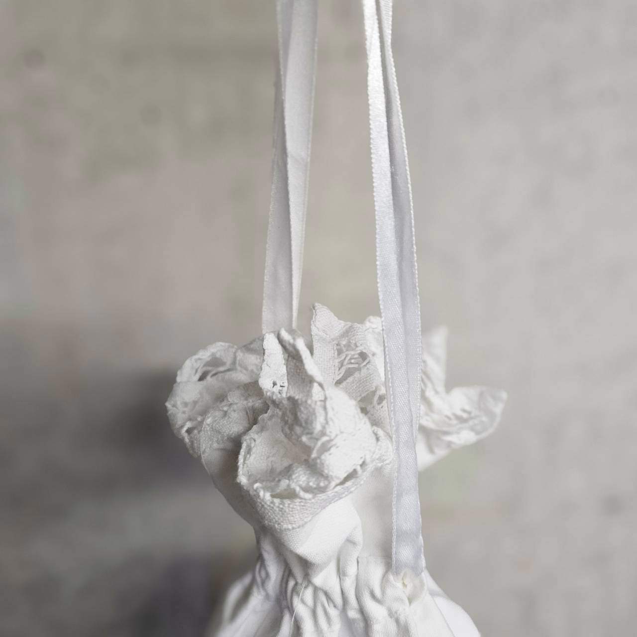 Euro antique(ヨーロッパアンティーク) antique linen and batten lace purse アンティークリネンとバテンレースの巾着バッグ ポーチ 未使用に近い ホワイト