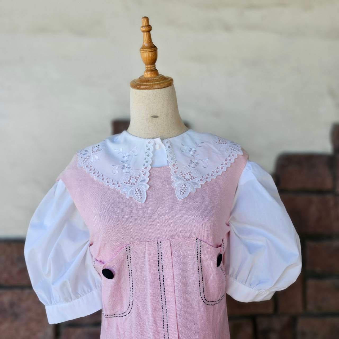 vintage(ヴィンテージ) 80'~90's big lace collar shortsleeve puffblouse 大きなレース衿の半袖パフスリーブブラウス 表記無し(M~Lサイズ程度) ホワイト デザインボタン