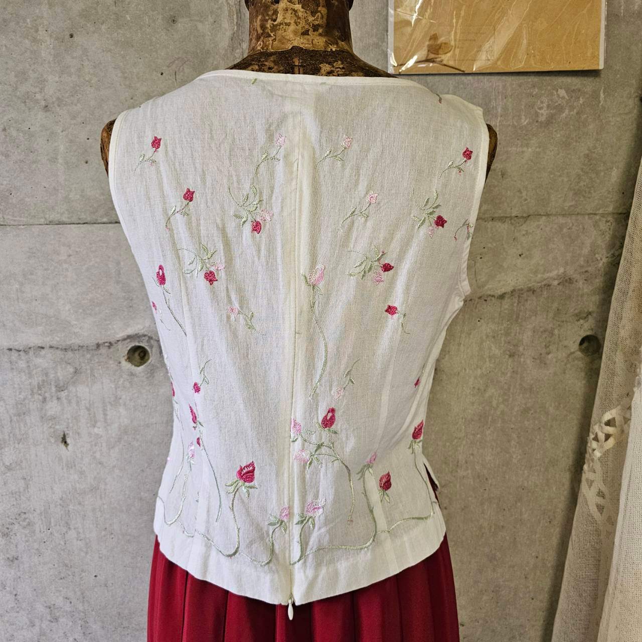 vintage(ヴィンテージ) 60's~ botanical stich vest ボタニカル刺繍ベスト 9(S~Mサイズ程度) ホワイト(刺繍:グリーン×ピンク)