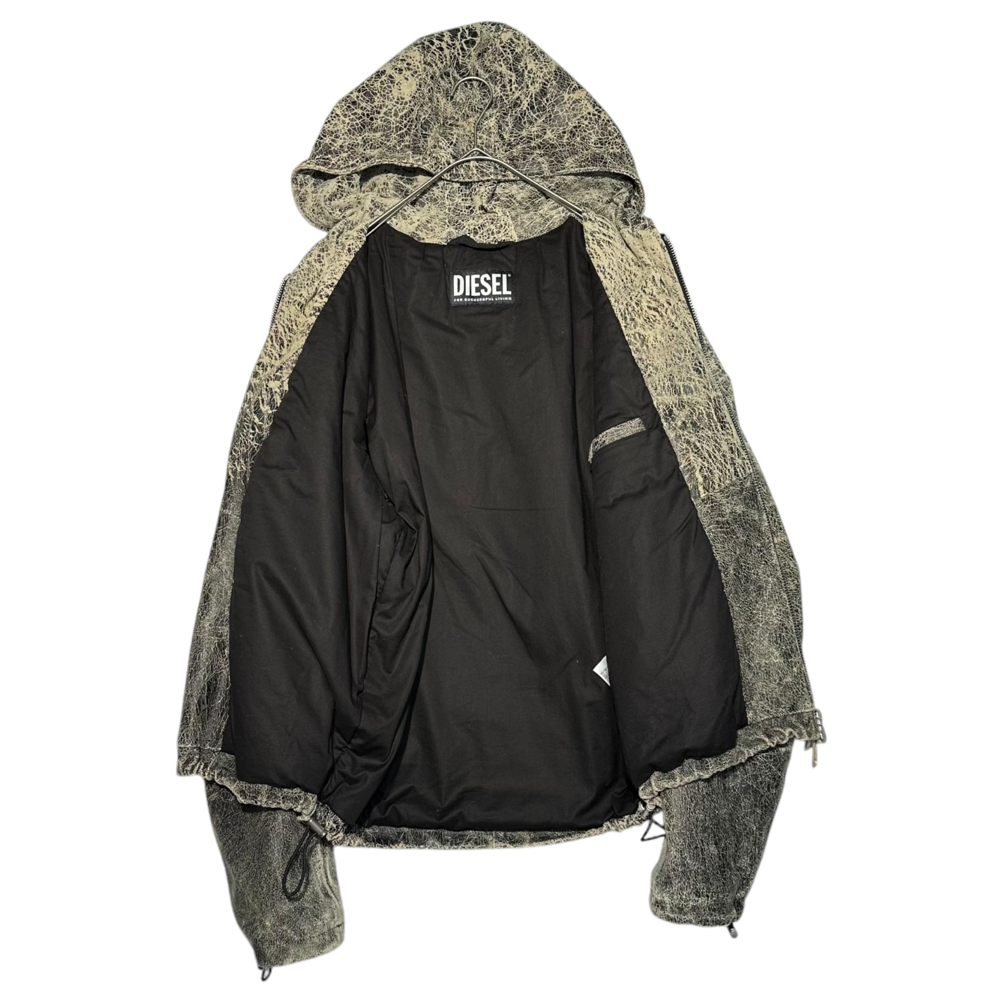 DIESEL(ディーゼル) 23SS ‘L-RAM’ leather jacket クラック加工 ラム レザー フーデット ジャケット L-RAM A09996 0BLAD-9XX 52 ブラック×ベージュ パーカー ひび割れ ヴィンテージ加工