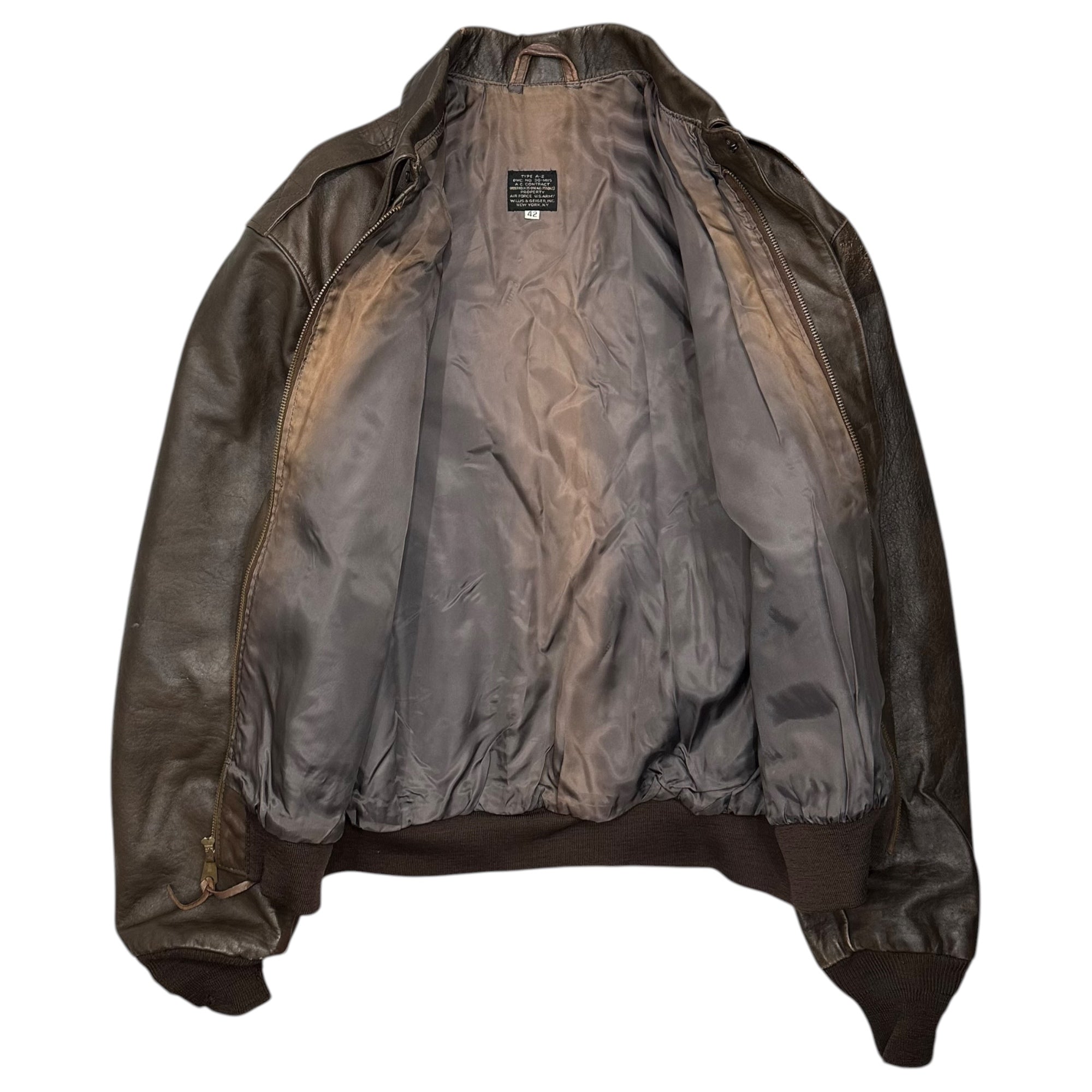 Willis&Geiger(ウイルス&ガイガー) 90's TYPE A-2 Flight Leather Jacket フライト レザー ジャケット M35-098 42(XL程度) ブラウン 90年代 USA製