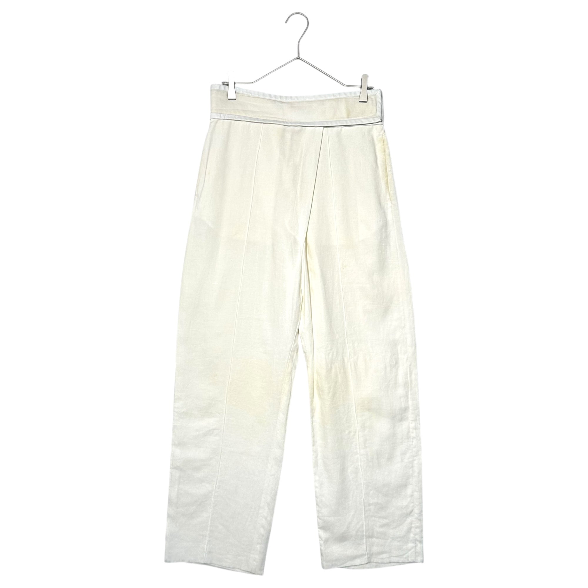 CELINE(セリーヌ) By PHOEBE Waistband Leather-Trimmed Linen Wide-Leg Pants フィービー期 ウエスト レザー 切替 リネン ワイド パンツ 21P32 40(L程度) オフホワイト アーカイブ