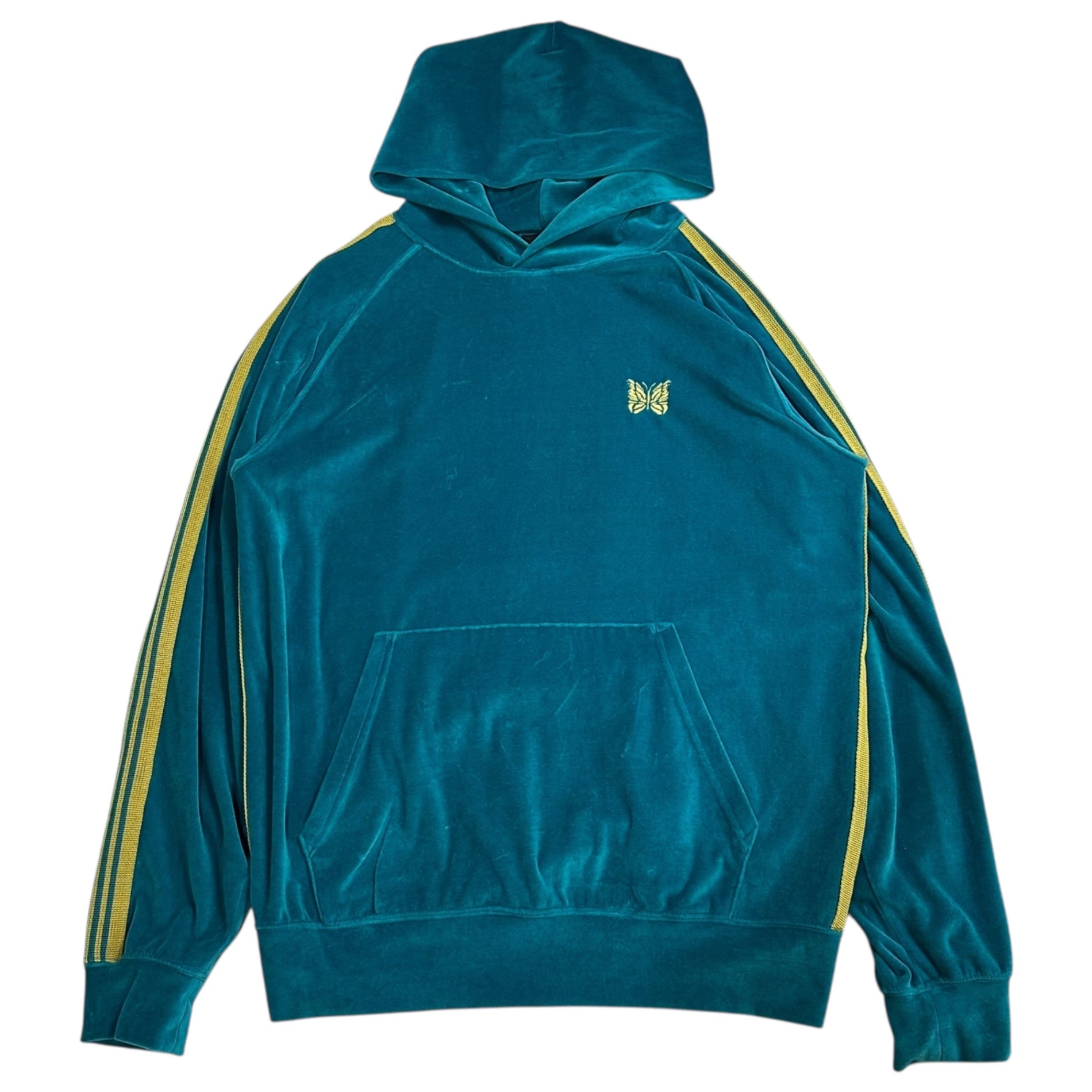NEEDLES(ニードルズ) 24SS TRACK HOODY - C/Pe Velour トラック フーディー ベロア 0T234 L ターコイズブルー×イエロー プルオーバー パーカー ロゴ turquoise