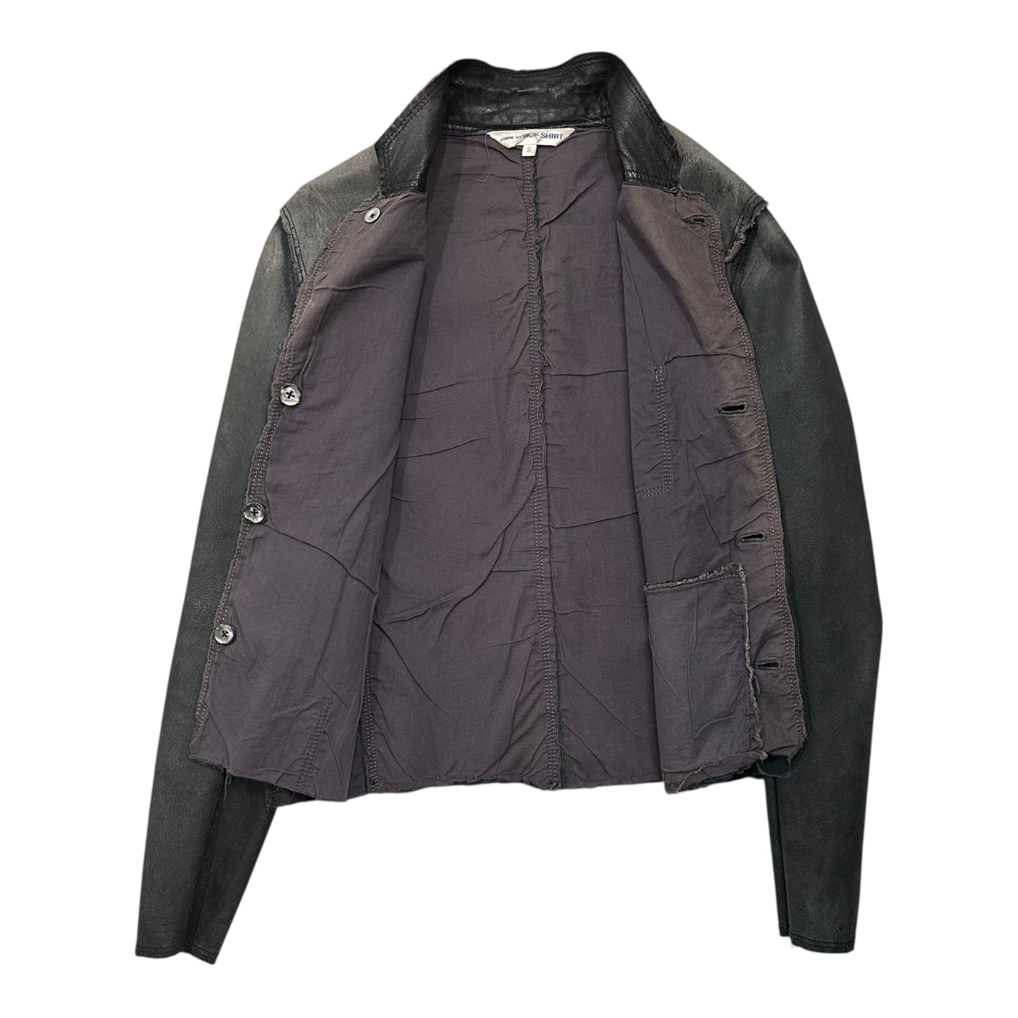 COMME des GARCONS SHIRT(コムデギャルソンシャツ) 90's Small Collar Grunge Short-Length Leather Jacket 90年代 スモールカラー グランジ ショートレングス レザー ジャケット S グレー 裾カットオフリメイク