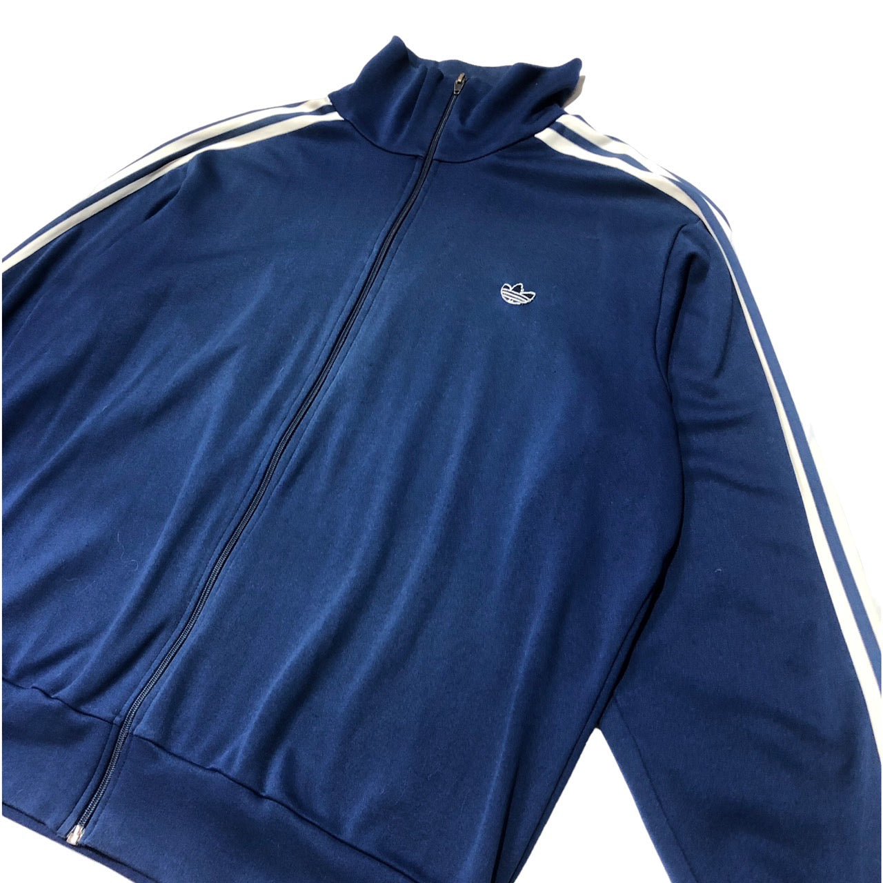 adidas(アディダス) 70-80's Vintage Track jacket/ヴィンテージトラックジャケット/スリーストライプ 表記無し(XLサイズ程度) ネイビー×ホワイト ワッペントレフォイル ロゴ/三角タグ