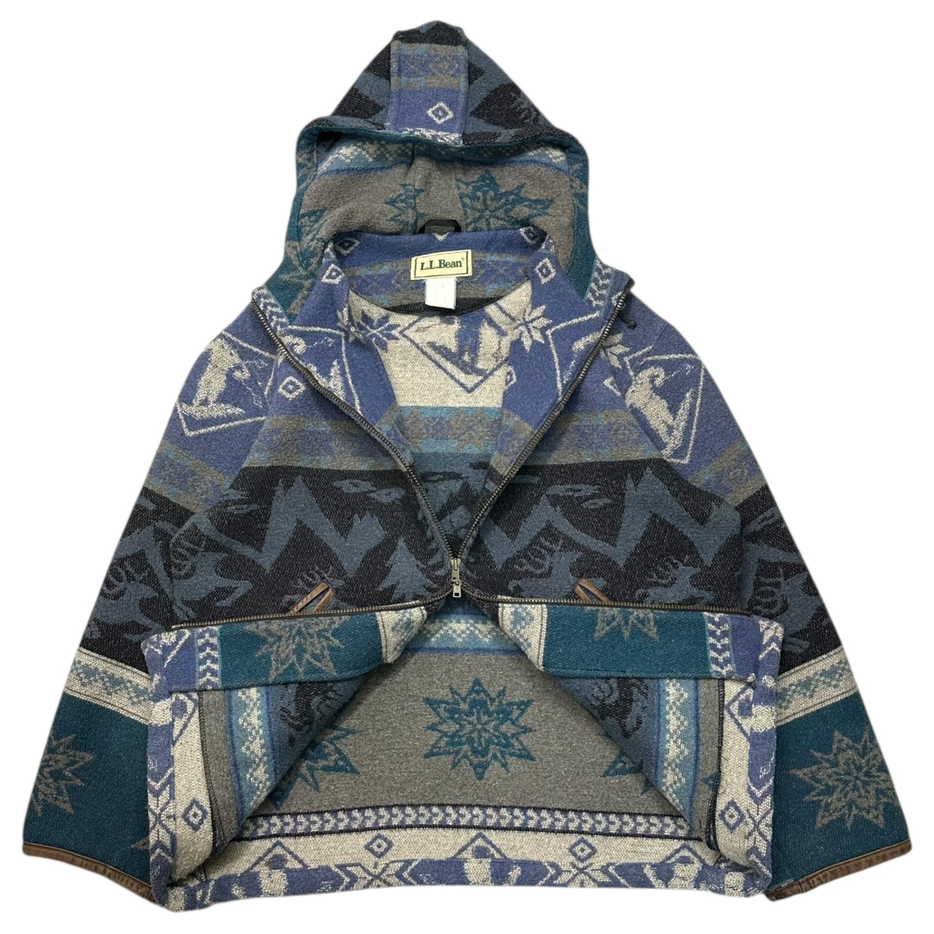 L.L.BEAN(エルエルビーン) 80`s~90‘s zip up Wool Hooded Jacket ノルディック柄 シップ ウール フーデット ジャケット 表記消(XL程度) ブルー 80年代~90年代 ヴィンテージ