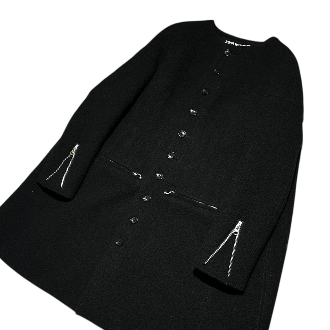 COMME des GARCONS JUNYA WATANABE(コムデギャルソンジュンヤワタナベ) 17AW Three-dimensional flare melton collarless coat/立体フレアノーカラーメルトンコート/ウール JT-J050 S ブラック AD2017