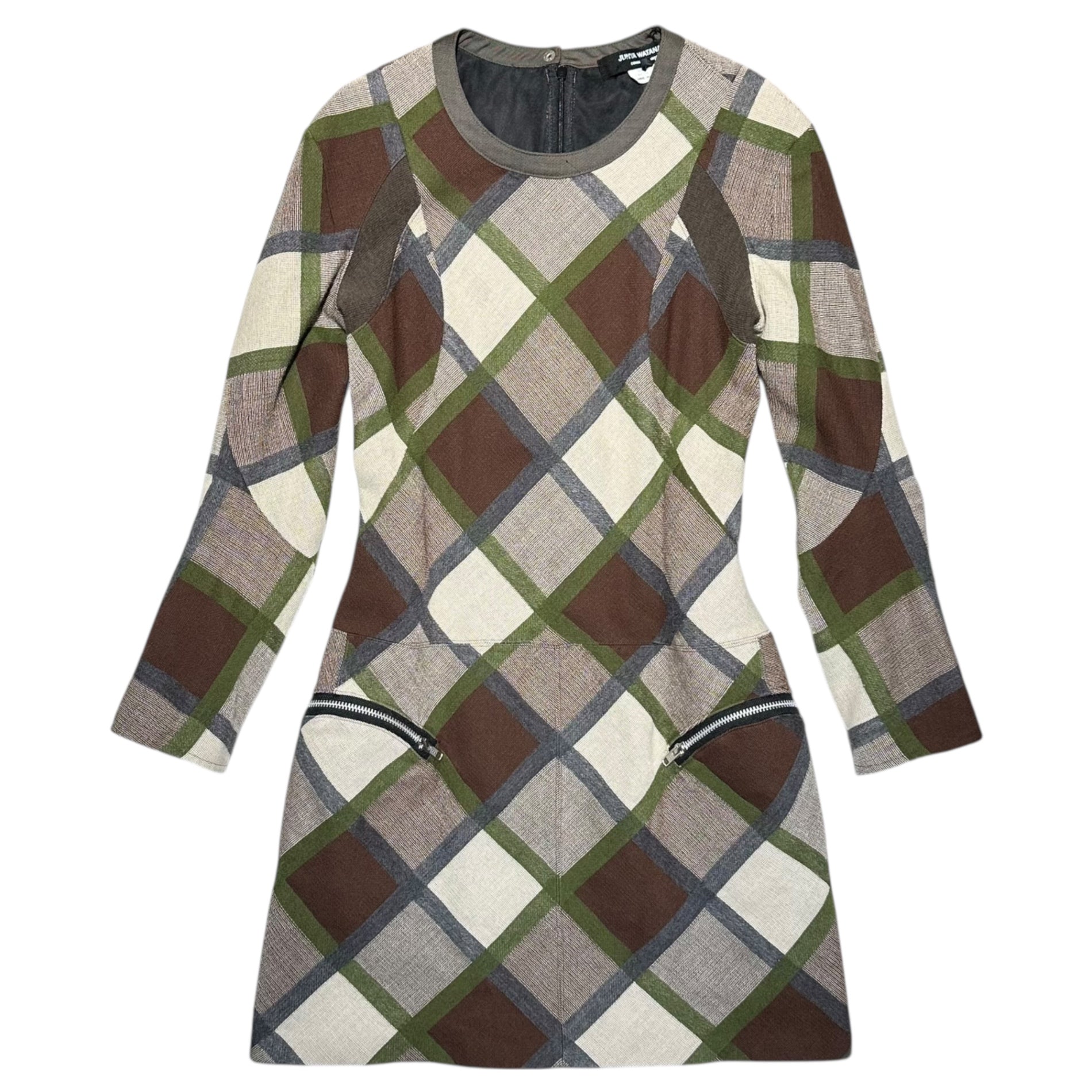 COMME des GARCONS JUNYA WATANABE(コムデギャルソンジュンヤワタナベ) 13AW Diagonal Check Round Neck L/S Wool Dress 斜めチェック ラウンドネック 長袖 ウール ワンピース JL-O022 S カーキ×ブラウン AD2013