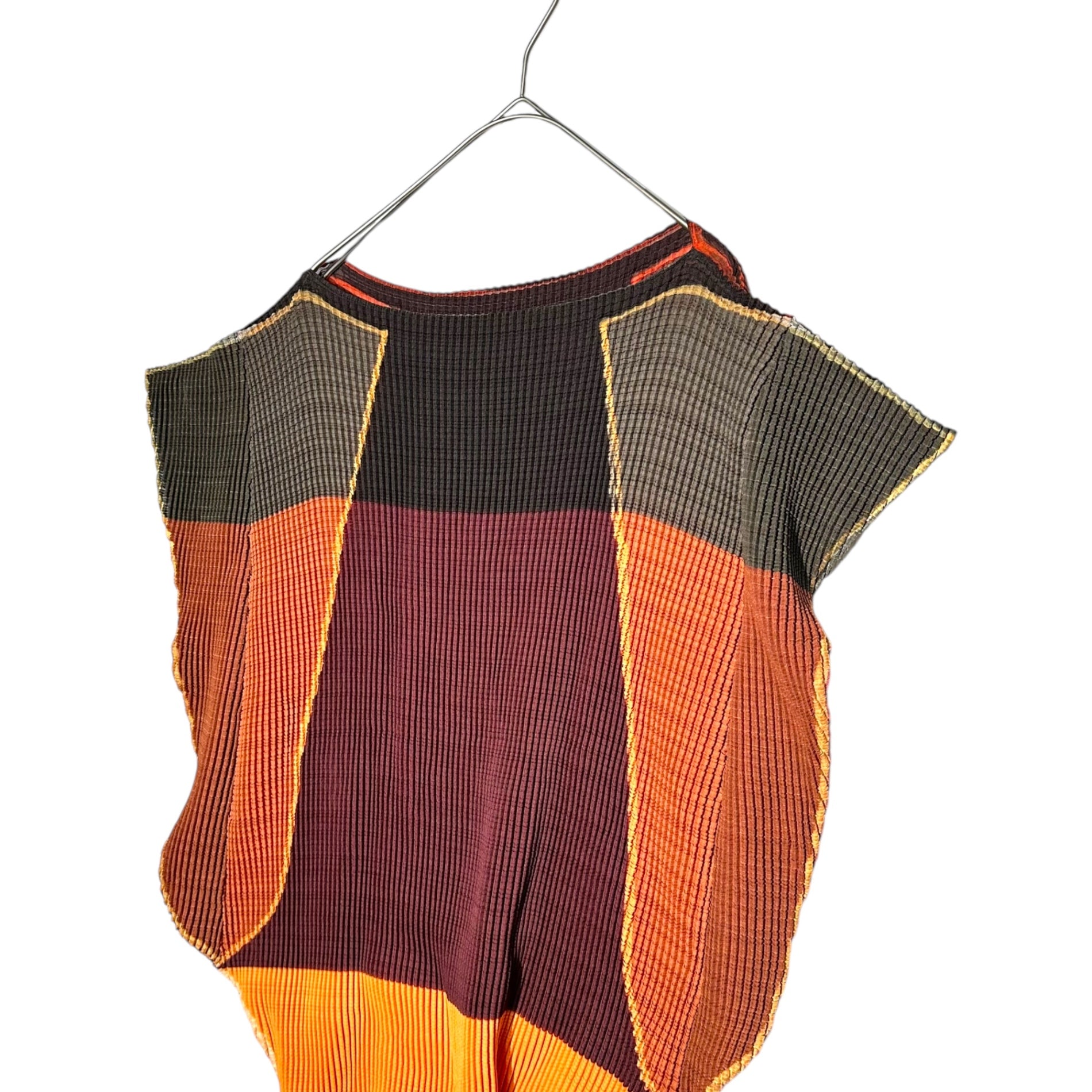 ISSEY MIYAKE(イッセイミヤケ) 07AW Flat Pleated Sleeveless Cut and Sewn 平面 プリーツ ノースリーブ カットソー IM73FJ157 2 オレンジ×ブラウン ブラウス