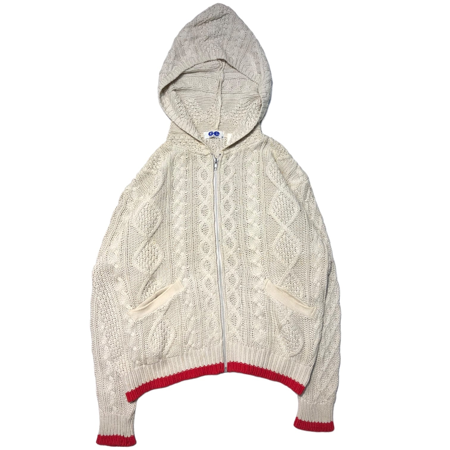 GOODENOUGH(グッドイナフ) 90's cable knit zip hoodie ケーブルニット ジップパーカー 90年代 藤原ヒロシ M アイボリー×レッド 汚れ有