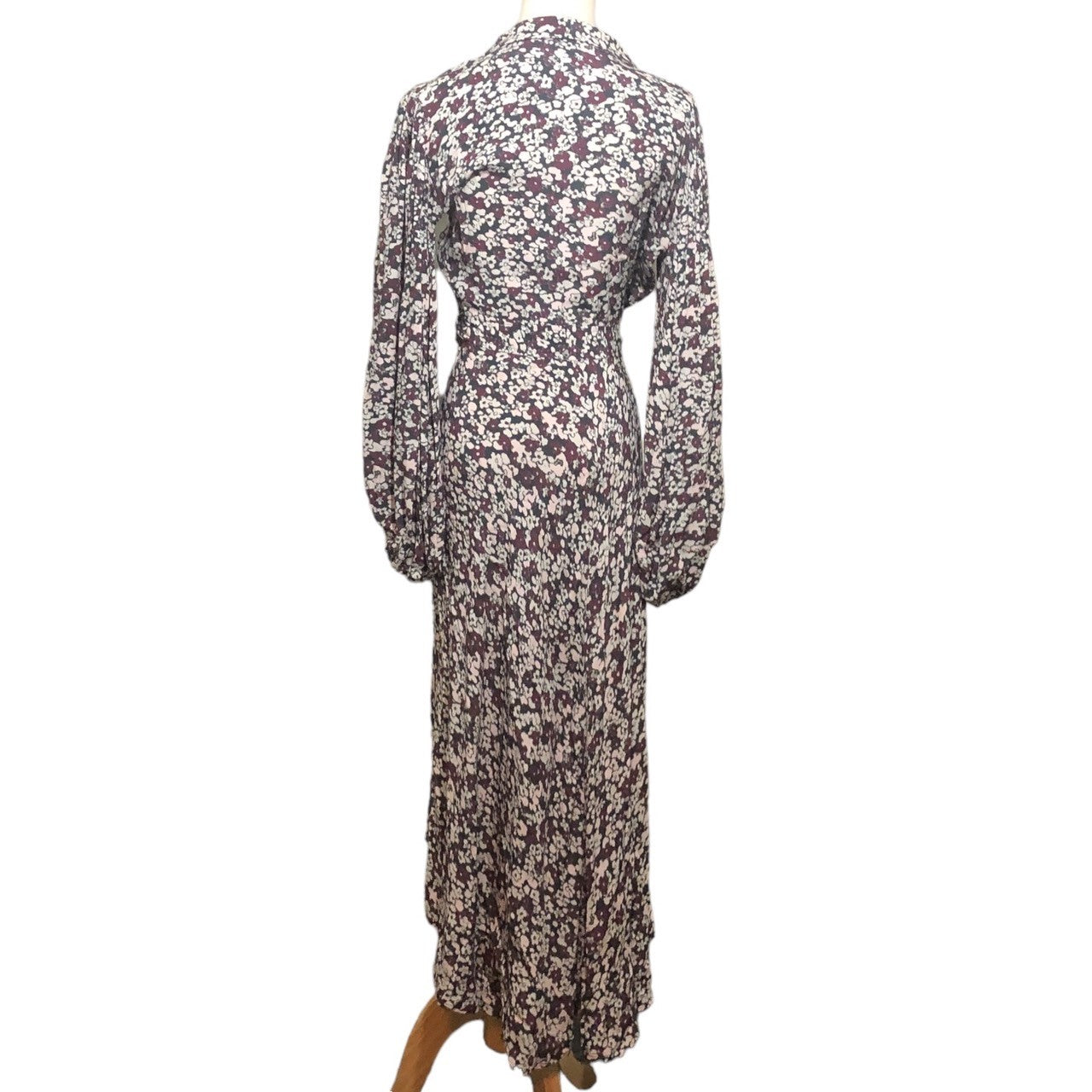 GANNI(ガニー) 小花柄 カシュクール ロング ワンピース パフスリーブ 1577-399-9084 34(XSサイズ程度) ブラック×ホワイト×ピンク