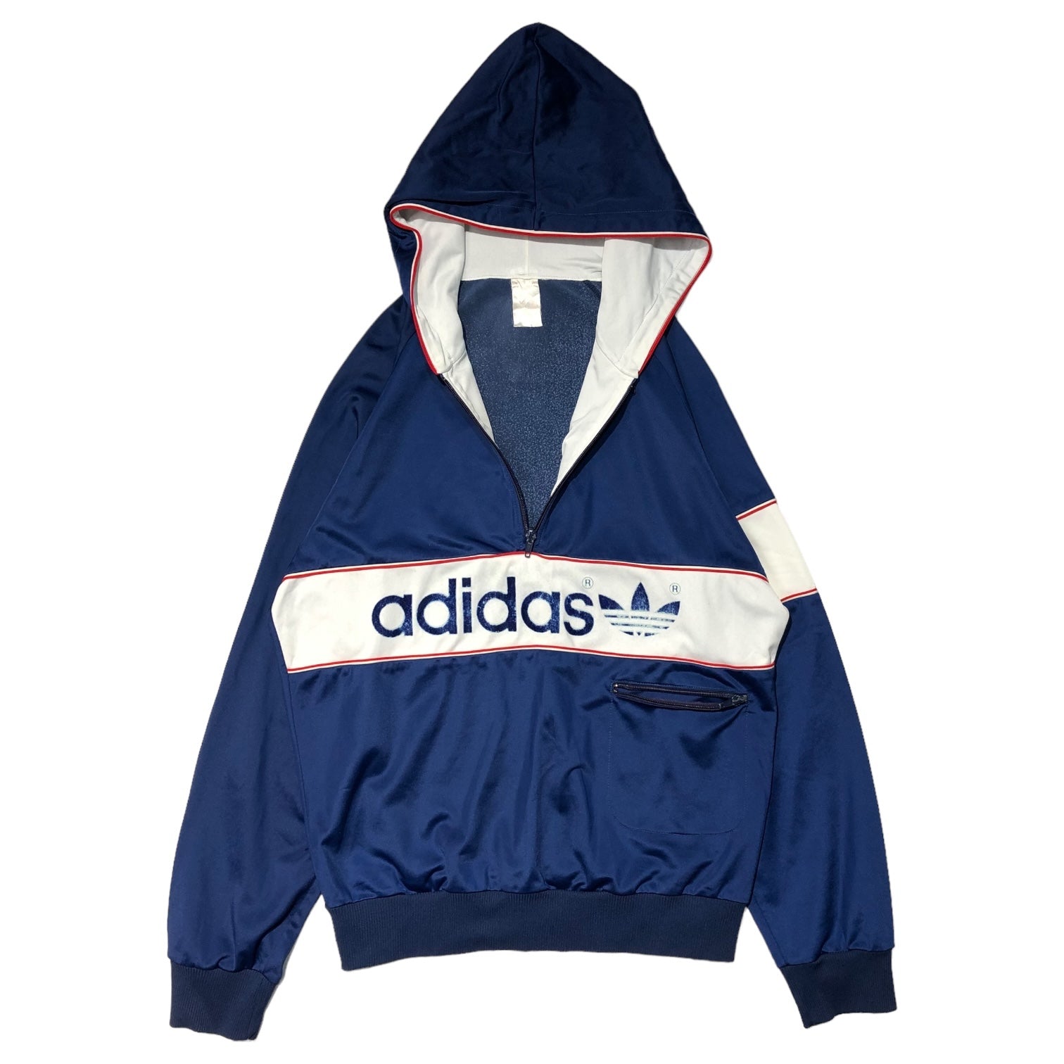 adidas(アディダス) 80's vintage hooded track jacket ヴィンテージ フーデッド トラック ジャケット US M ネイビー×ホワイト×レッド 80年代 ハンガリー製 万国旗タグ