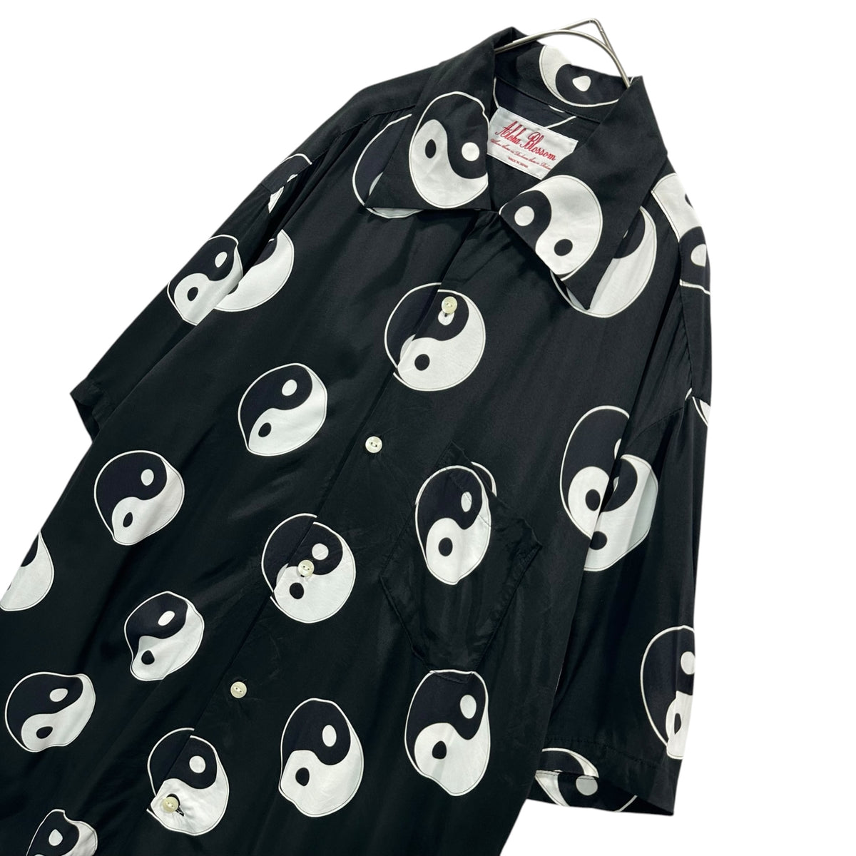 Aloha Blossom(アロハブロッサム) YING&YANG SHORT SLEEVE BLACK 陰陽 アロハ シャツ 44 ブラック×ホワイト 半袖 オープンカラー レーヨン