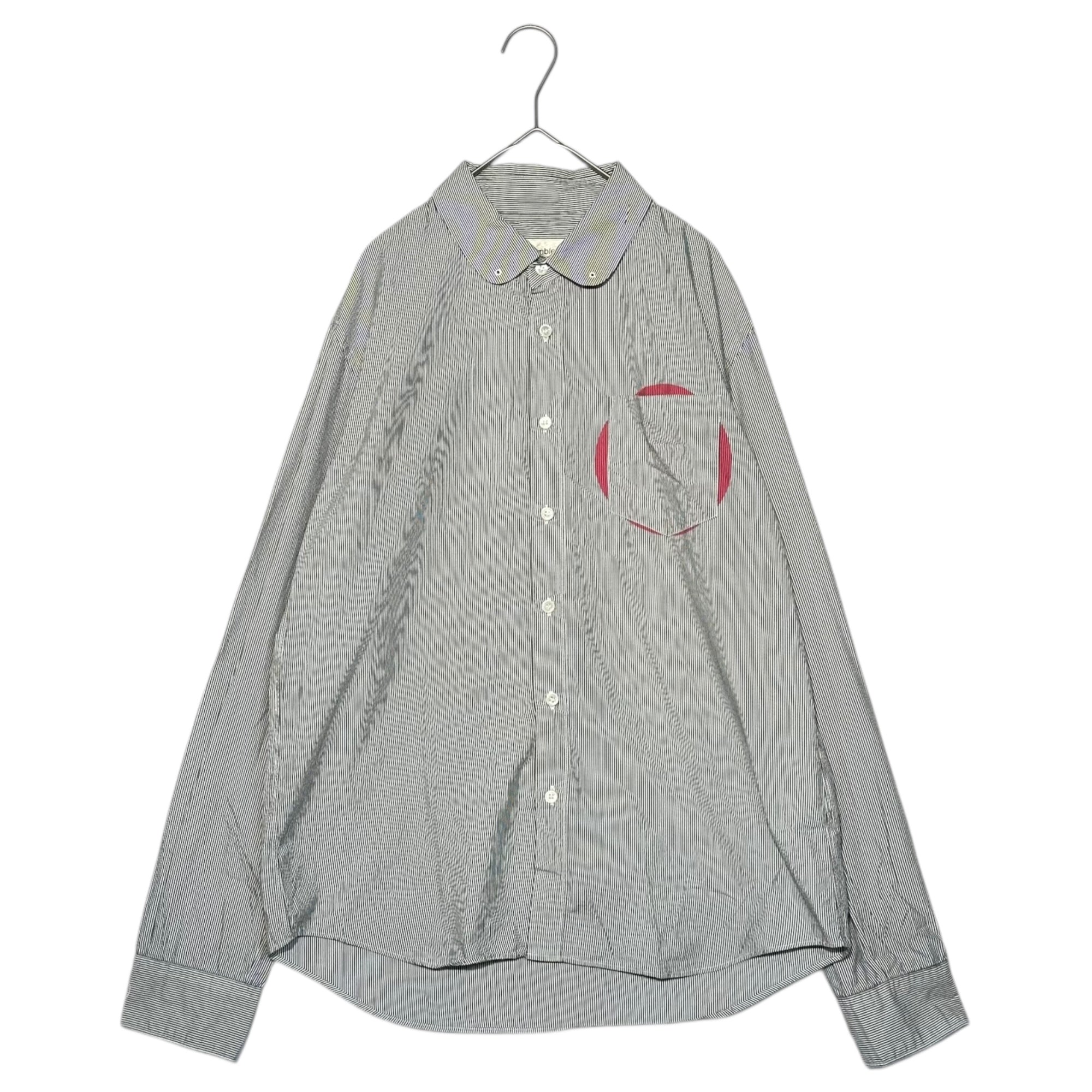 assemble a.k.a AFFA(アッセンブルエーケーエーエーエフエフエー) Striped Round-Neck L/S Shirt ストライプ 丸襟 長袖 シャツ AFH4401-1 M グレー×ホワイト×レッド