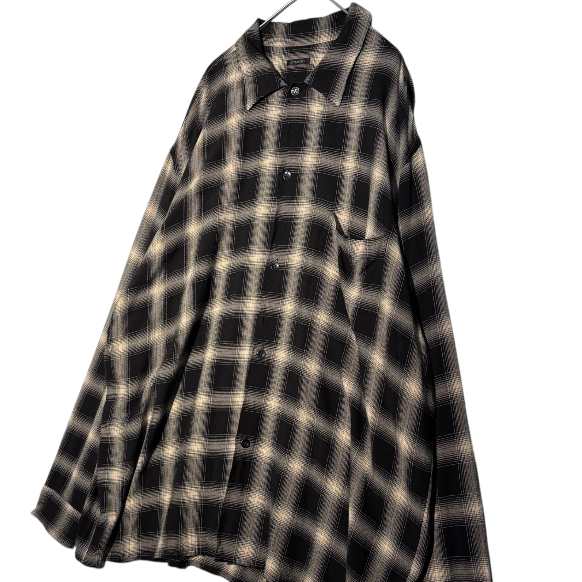COMOLI(コモリ) 23SS RAYON CHECK OPEN COLLAR SHIRT レーヨン チェック オープンカラー シャツ X01-02008 4 ブラック オンブレ
