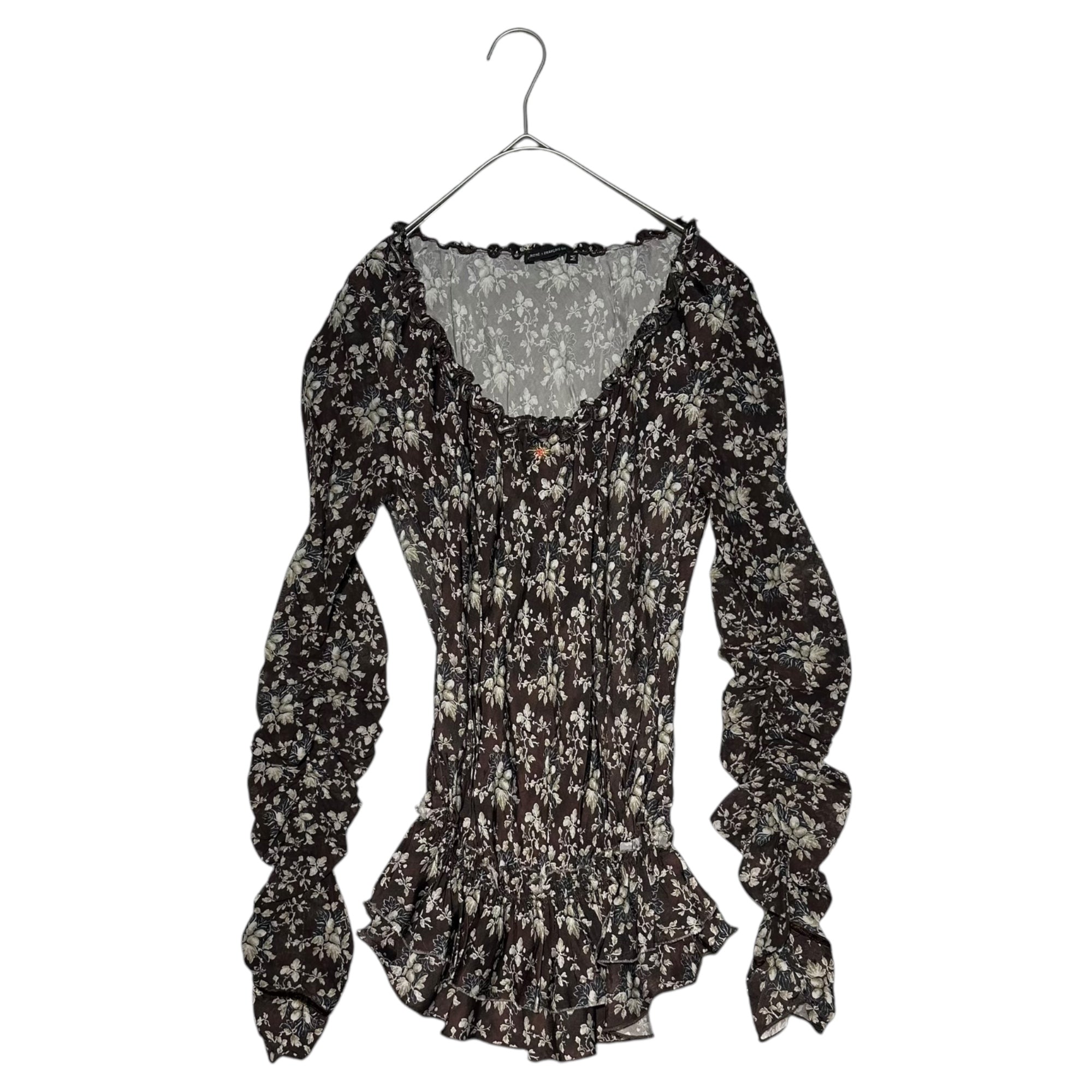 MARITHE FRANCOIS GIRBAUD(マリテフランソワジルボー) 00's Floral Pattern Gathered Ruffle Blouse 花柄 ギャザー フリル ブラウス F7-5079 M ブラウン Y2K