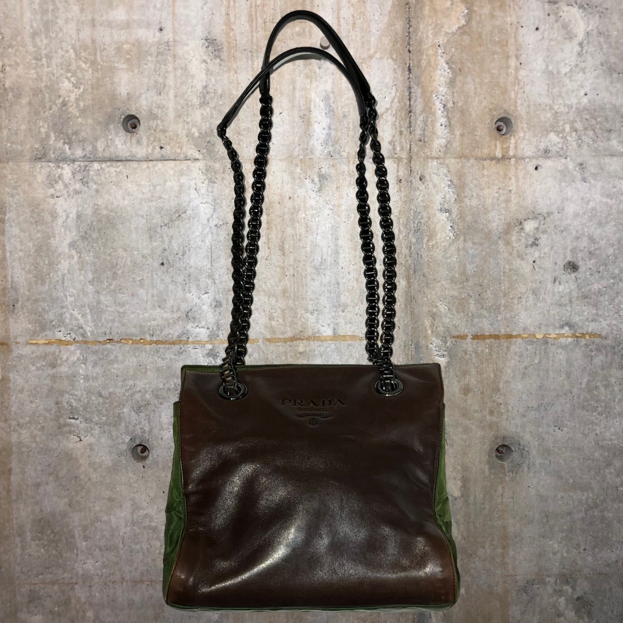 PRADA(プラダ) レザーナイロン切替2Wayショルダーバッグ ブラウン×オリーブ 製造番号:50