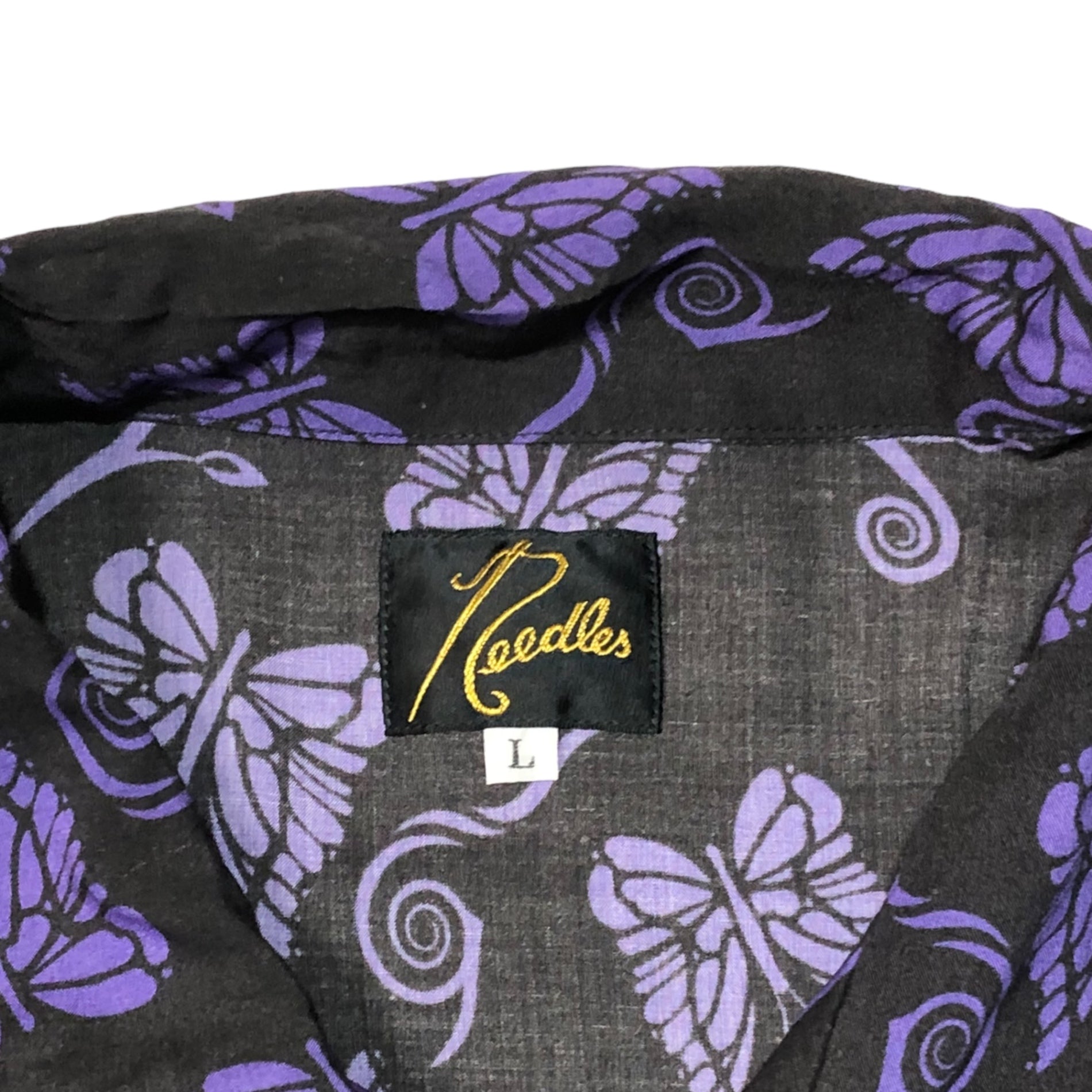 NEEDLES(ニードルズ) 22SS Papillon Emb. S/S shirt パピヨンシャツ アロハシャツ オープンカラー 柄 蝶々 STUDIOUS別注 KP340 SIZE L ブラック×パープル