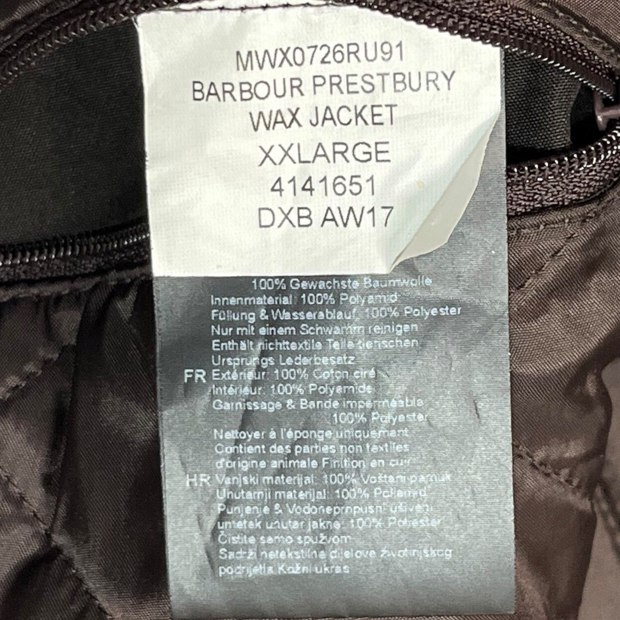 Barbour(バブアー) Waxed Prestbury Jacket ワックス プレストベリー ジャケット オイル アウター MWX0726RU91 XXL ブラウン