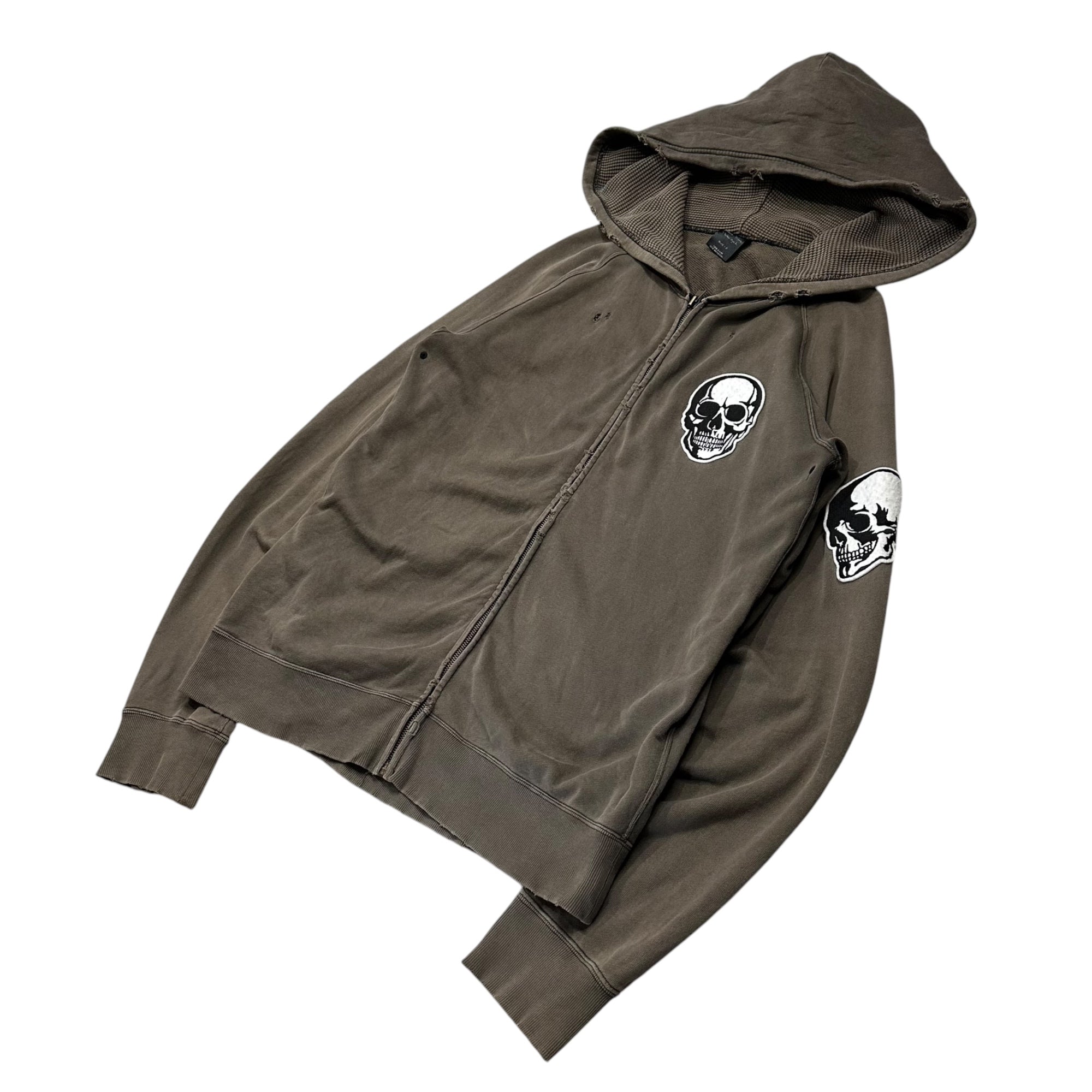 NUMBER (N)INE(ナンバーナイン) 2004SS "DREAM BABY DREAM" ドリーム期 Skull Patch Zip-Up Hoodie スカル パッチ ジップ パーカー 2 ブラウン 00's ダメージ加工