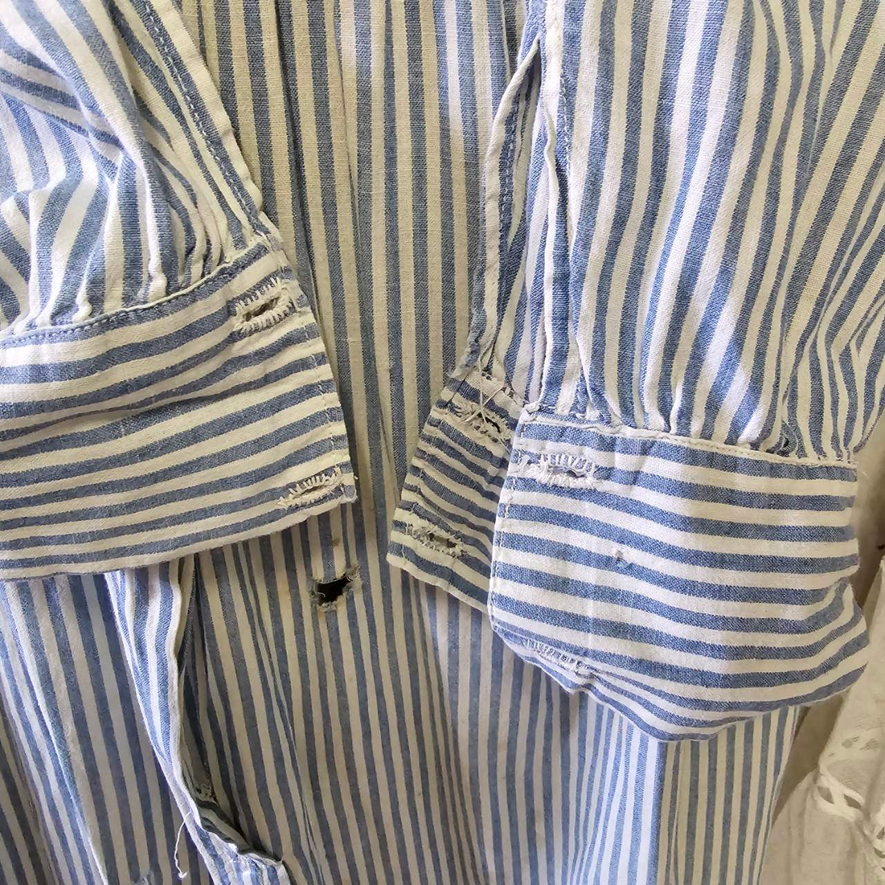 Euro antique(ヨーロッパアンティーク) 20's~ frenchcuffs cotton gather stripe onepiece フレンチカフスのコットンギャザーロングワンピース 表記無し(M~L程度) / 細かなダメージ有 ブルー×ホワイト