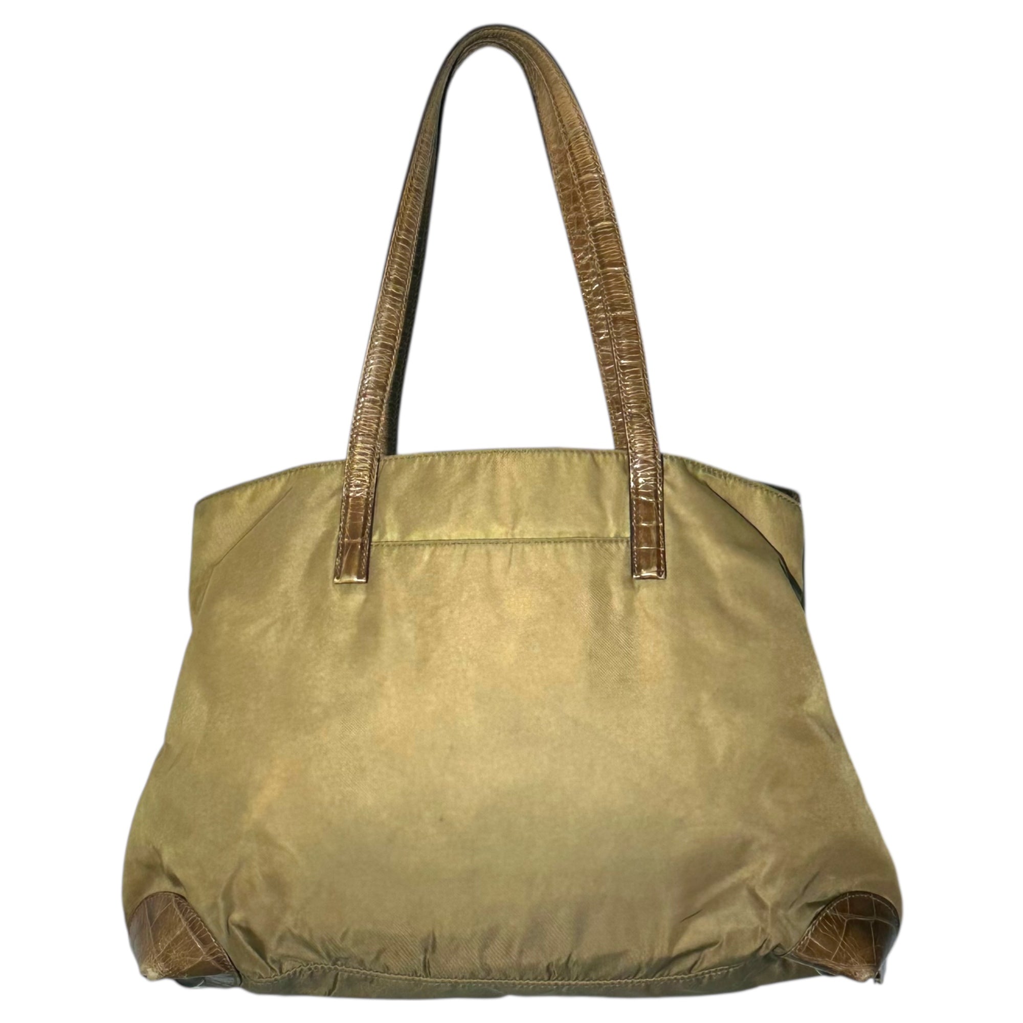 PRADA(プラダ) Crocodile Embossed Leather Nylon Tote Bag クロコ 型押し レザー ナイロン トート バッグ ベージュ 肩掛け 三角プレート