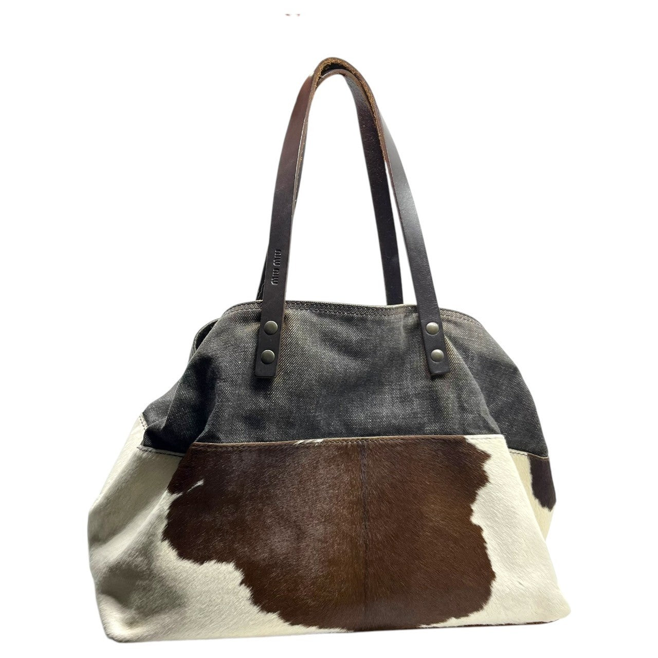 miumiu(ミュウミュウ) 00's Haraco leather denim switching tote bag ハラコ レザー デニム 切替 トート バッグ ホワイト×ブラウン Y2K ハンド ワンショルダー