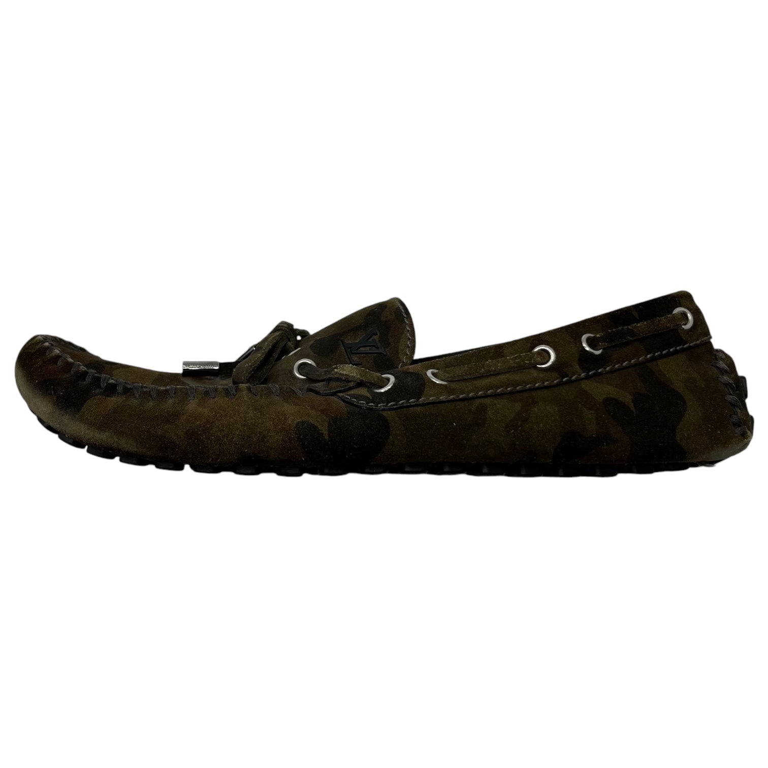 LOUIS VUITTON(ルイヴィトン) Camouflage moccasin driving shoes カモフラ モカシン ドライビング シューズ 製造番号:ND0133 9 1/2(27.5cm~28cm程度) カーキ 迷彩 ロゴ ローファー スリッポン