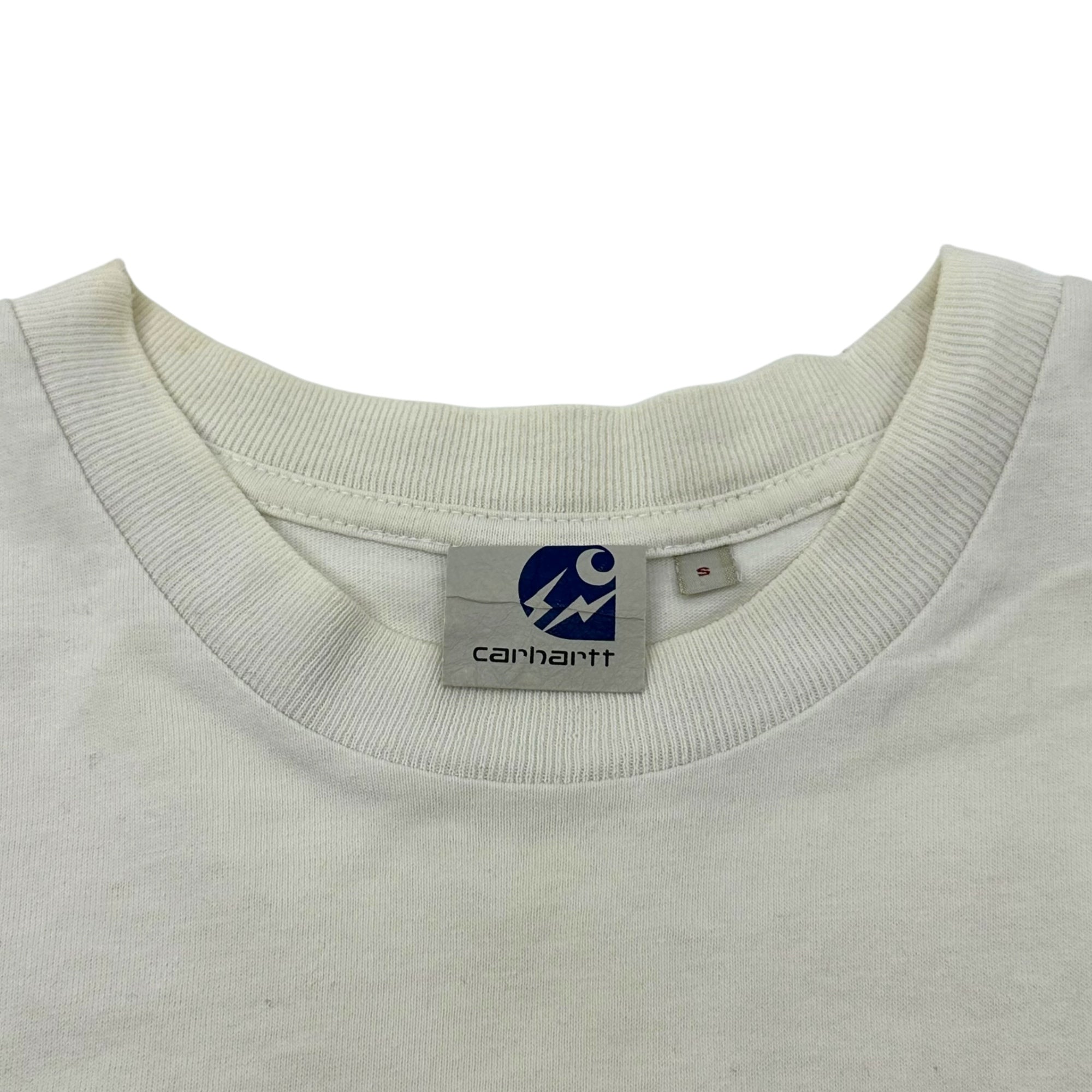 carhartt × FRAGMENT DESIGN(カーハート×フラグメントデザイン) Stacked logo crew neck T-shirt 重ねロゴ クルーネック Tシャツ S ホワイト×ネイビー