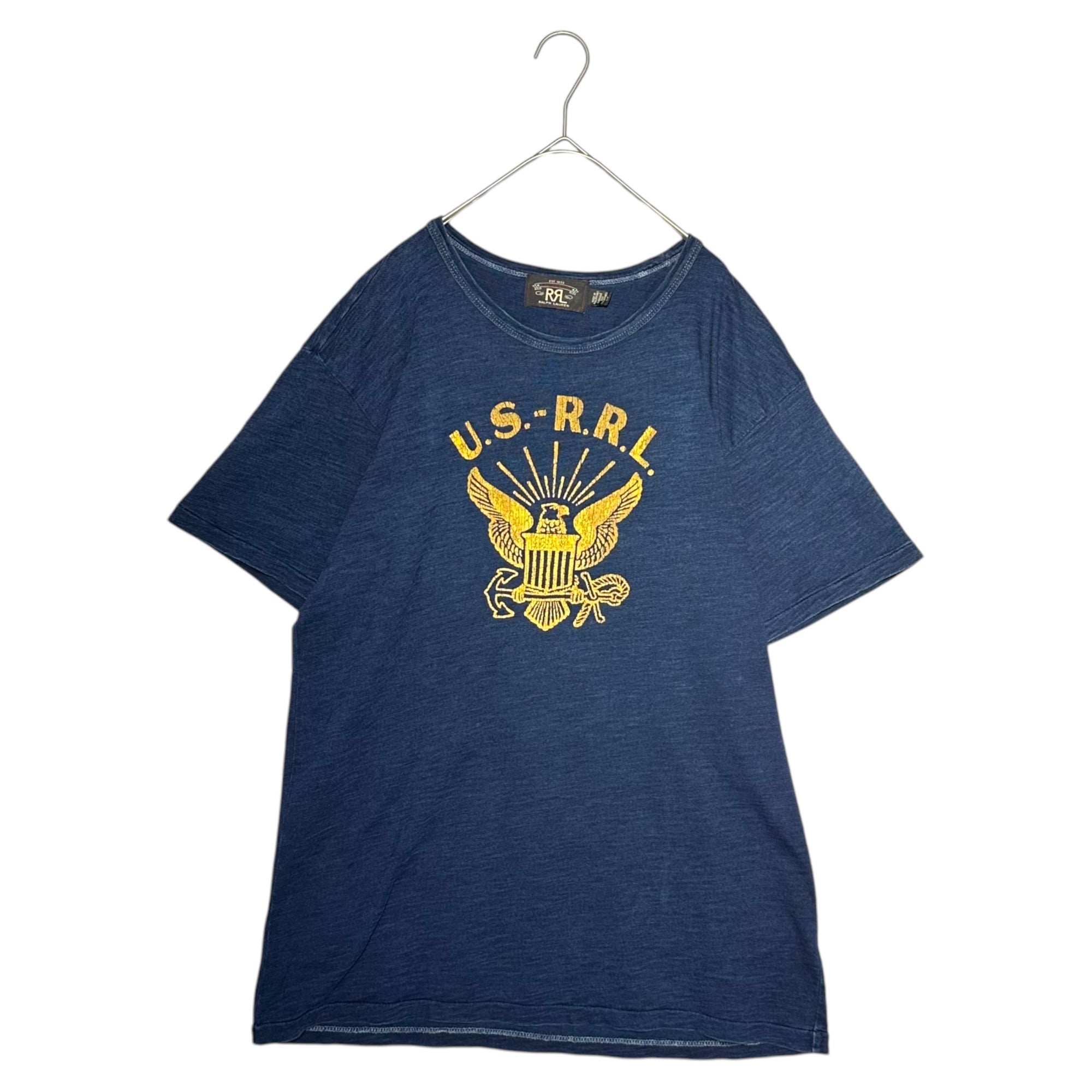 RRL(ダブルアールエル) Indigo Dyed Front Print Crew Neck T-Shirt インディゴ染め フロント プリント クルーネック Tシャツ NAVYプリント L インディゴ×イエロー 品質表示タグ切取