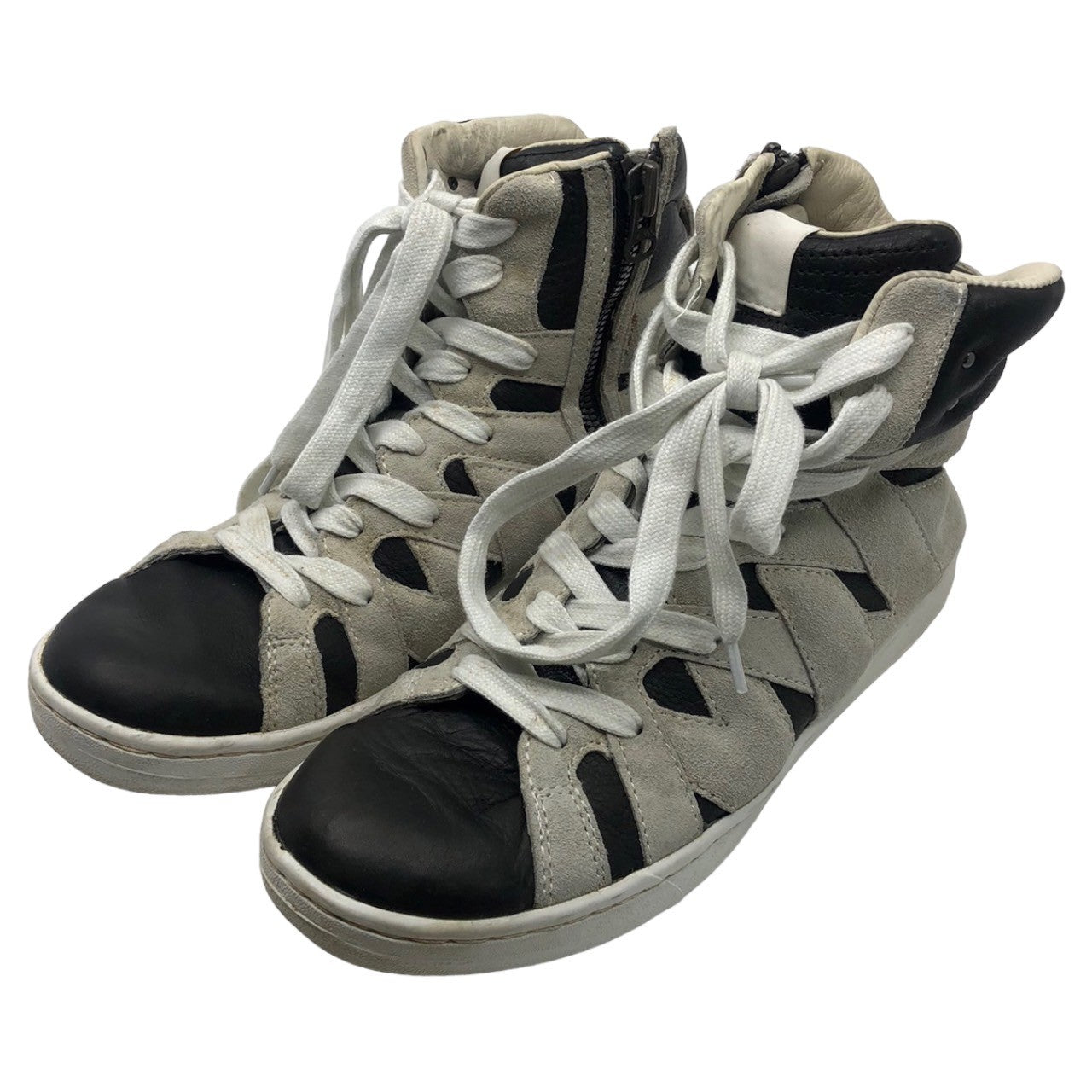 White Flags×ATTACHMENT(アタッチメント×ホワイトフラッグス) カウハイド スウェード レザー ハイカット スニーカー バイカラー サイドジップ 42(26.5cm程度) ライトグレー×ブラック 2012年 コラボ