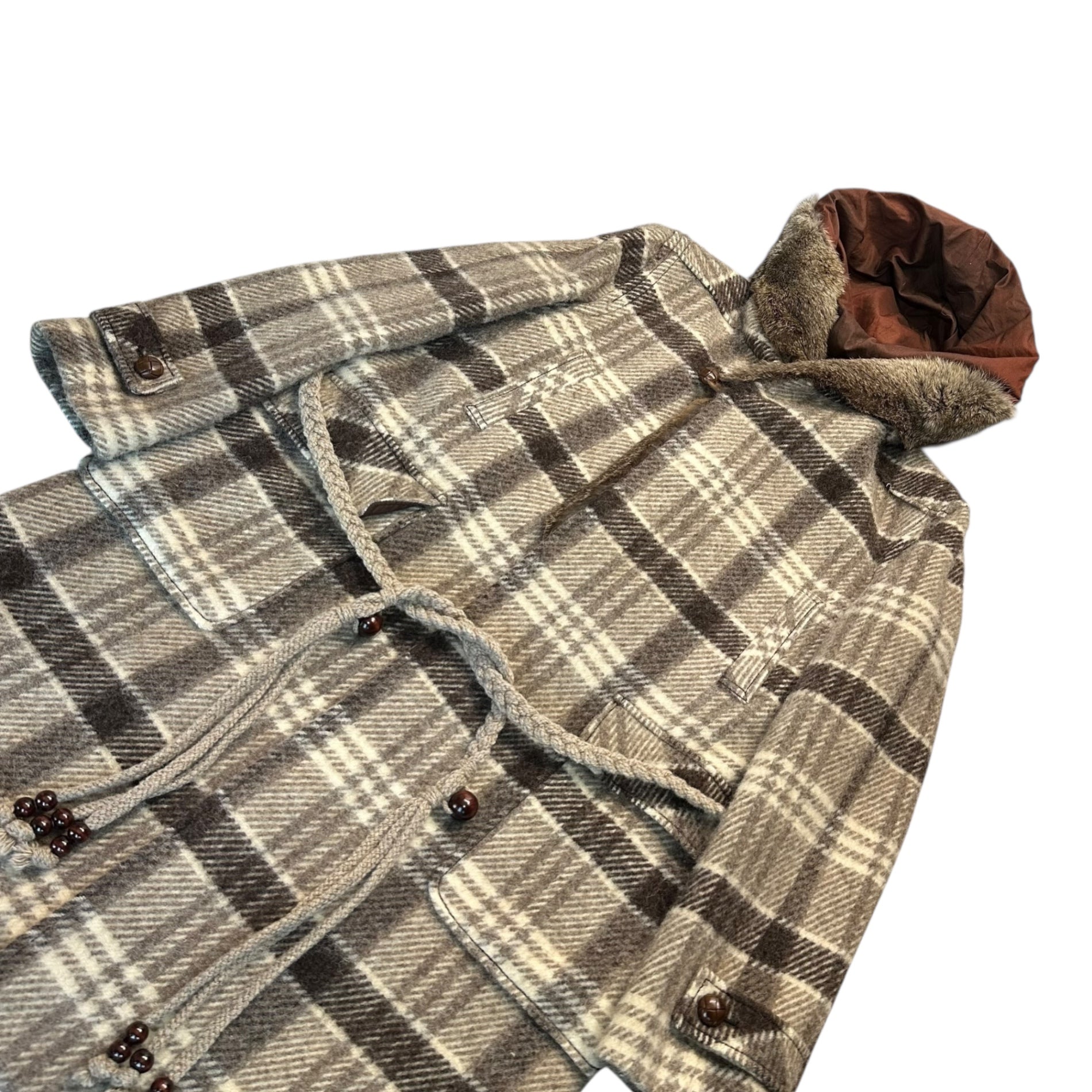 NUMBER (N)INE(ナンバーナイン) 02AW George Period Rabbit Fur Decorated Belted Hooded Check Gown Coat ジョージ期 ラビットファー ベルテッド フーデッド チェック ガウン コート 3(M) ベージュ 2002年 archives collection 稀少品 ヴィンテージ 宮下貴裕 本人期