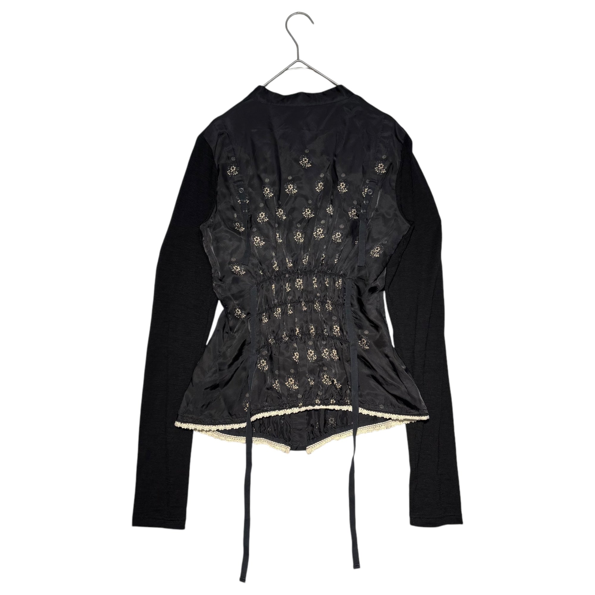 MARITHE FRANCOIS GIRBAUD(マリテフランソワジルボー) 00's Gathered Knit Sleeve Cupra Blouse ギャザー ニットスリーブ キュプラ シャツ ブラウス F7-5909 M ブラック Y2K