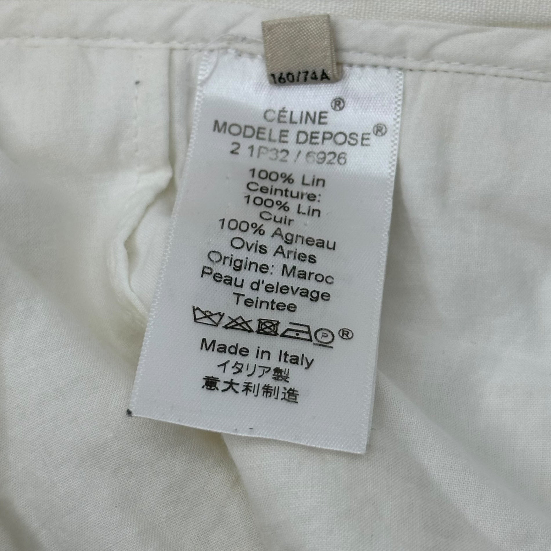 CELINE(セリーヌ) By PHOEBE Waistband Leather-Trimmed Linen Wide-Leg Pants フィービー期 ウエスト レザー 切替 リネン ワイド パンツ 21P32 40(L程度) オフホワイト アーカイブ