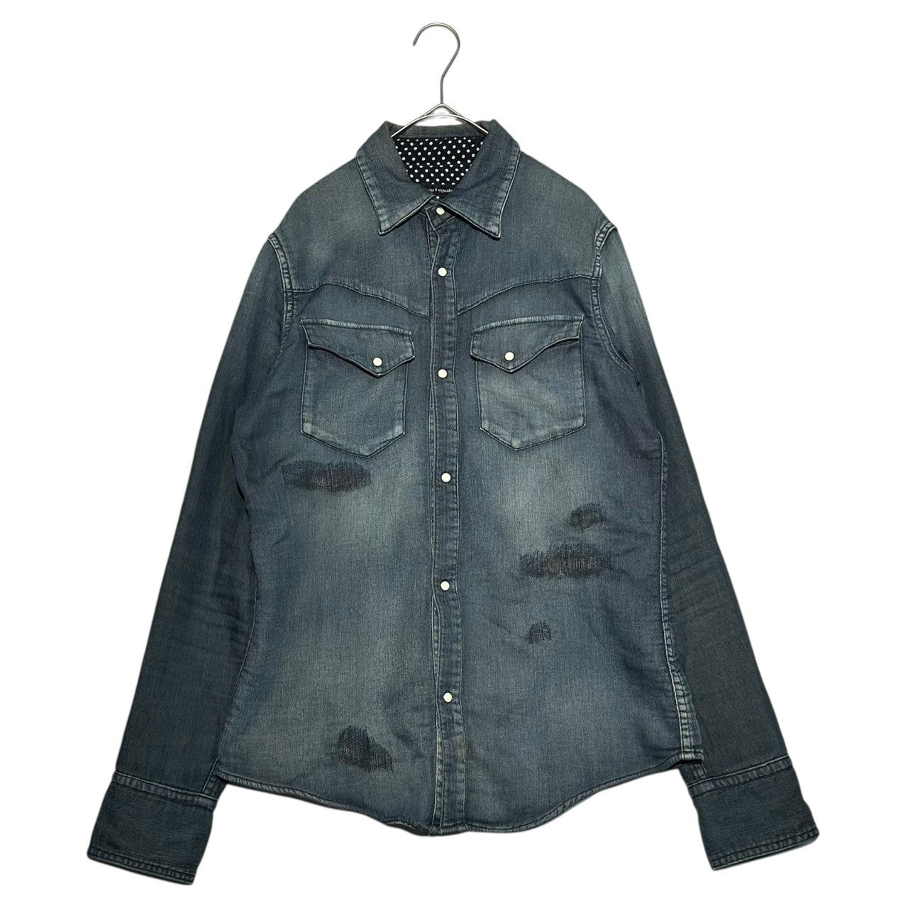 1PIU1UGUALE3(ウノピゥウノウグァーレトレ) DAMAGE SWEAT DENIM WESTERN SHIRT スウェット デニム ウエスタン シャツ MRS011 54(XL程度) インディゴ ヴィンテージ加工