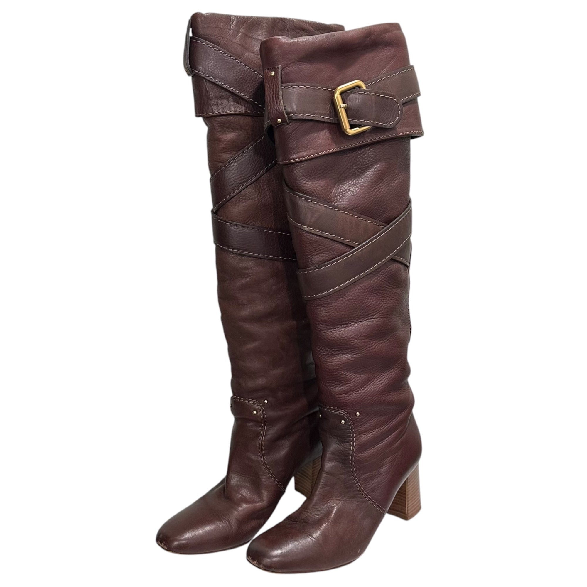 CHLOE(クロエ) Cross-strap Heeled Leather Long Boots クロスベルト ヒール レザー ロング ブーツ 36 1/2(23.5cm程度) ブラウン