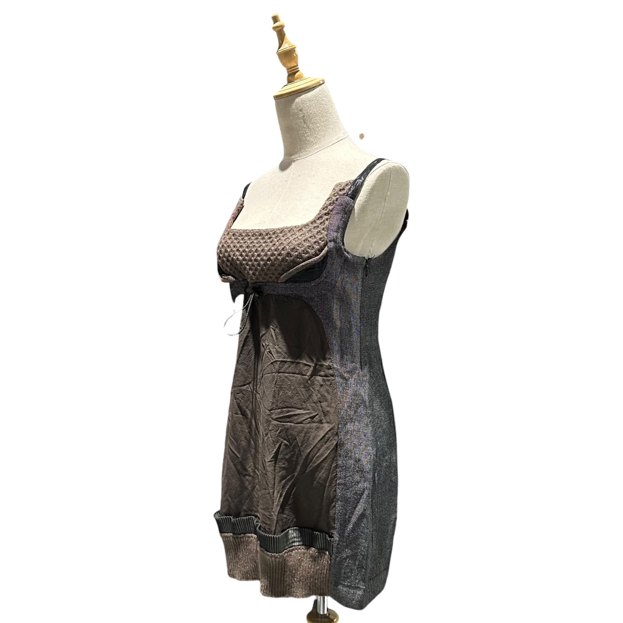 UNDERCOVER(アンダーカバー) 2007AW Purple Collection Mixed-Fabric Paneled Drawstring Silk Sleeveless Blouse パープル期 異素材 切替 ドローコード シルク ノースリーブ ブラウス 7A70-OP8 2 ブラウン×ブラック コレクションランウェイ 着用アイテム アーカイブ 稀少品