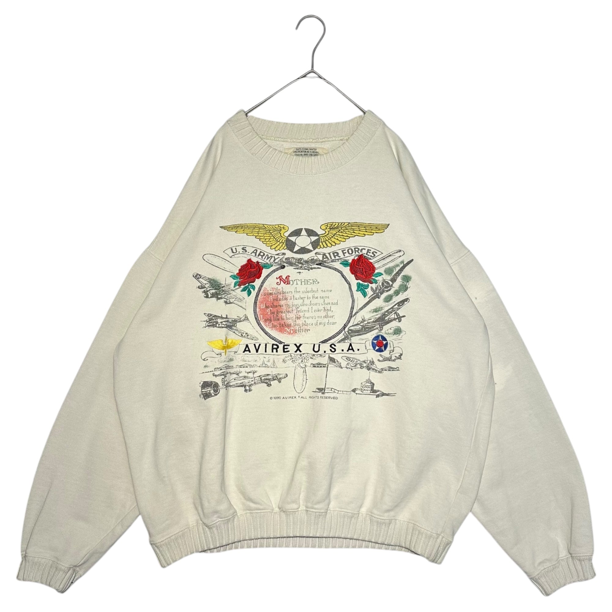 AVIREX(アヴィレックス) 1990 © ALL RIGHTS RESERVED embroidery print sweatshirts 刺繍 プリント スウェット B415-290-5884 L ホワイト 薔薇 飛行機 ロゴ 1990