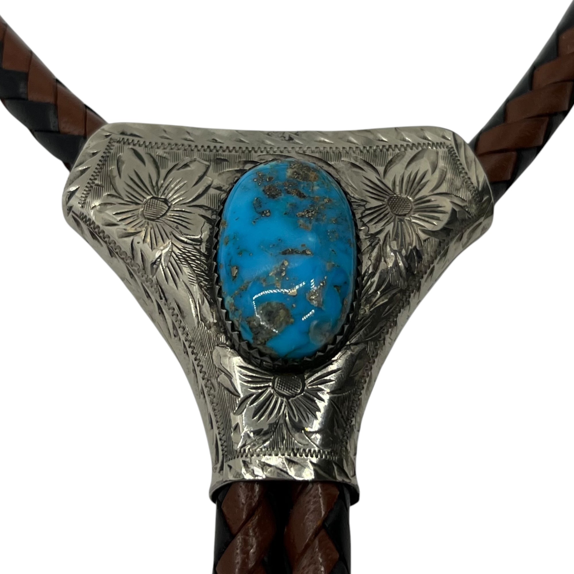 Sunset Trails(サンセットトレイルズ) STERLING SILVER TURQUOISE BOLO TIE スターリング シルバー ターコイズ ボロタイ ブラック×ブラウン ループタイ インディアン レザー USA製