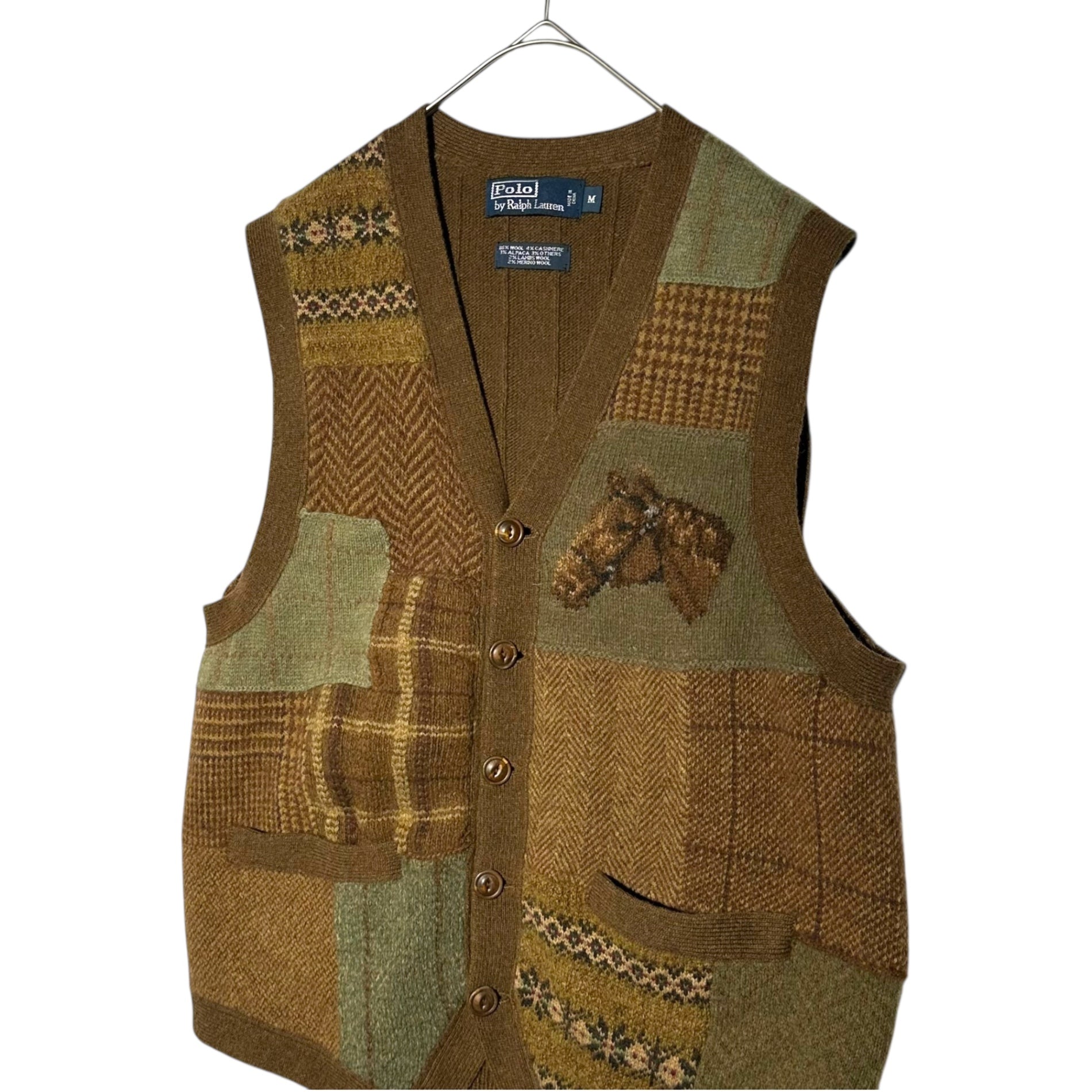 POLO RALPH LAUREN(ポロラルフローレン) Patchwork Cashmere-Blend Wool Knit Cardigan Vest パッチワーク カシミア混 ウール ニット カーディガン ベスト M ブラウン