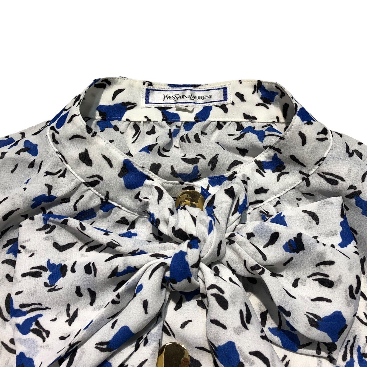 YVES SAINT LAURENT(イヴサンローラン) 90's All-over pattern bowtie shirt blouse 総柄 ボウタイ シャツ ブラウス HT564-018 M ホワイト×ブルー ヴィンテージ 長袖