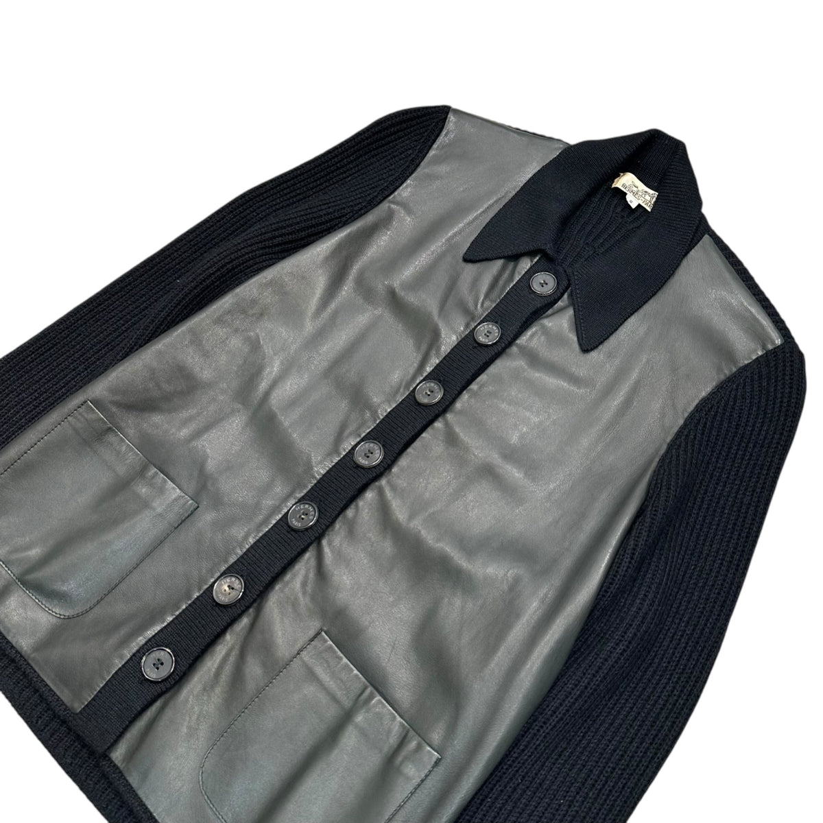 HERMES(エルメス) 1990's Leather-Accent Cashmere and Silk Knit Shirt レザー切替 カシミア シルク ニット シャツ S ブラック カシミア67% 90s アーカイブ 襟付き カーディガン